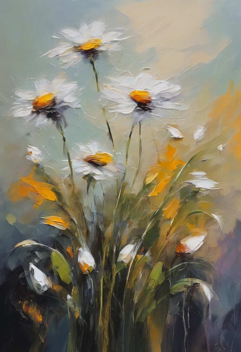 Daisy flowers, pastel color, Solid line, Wallpaper style, deep dark background