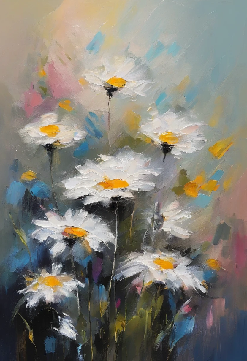Daisy flowers, pastel color, Solid line, Wallpaper style, deep dark background