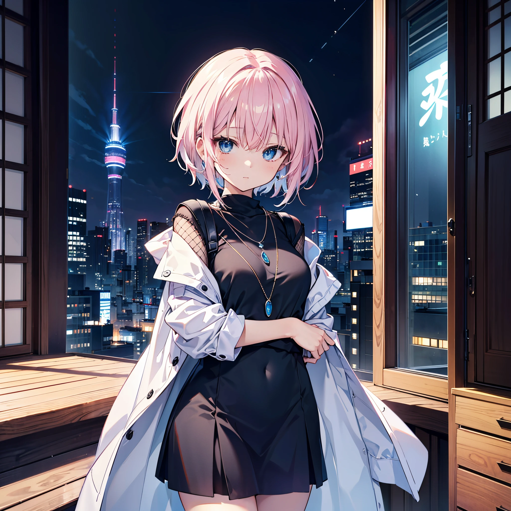 deep in the night、Rooftop of an urban building、Sniper Woman、White medium short hair lob hair with light pink mesh、blue eyes、Black long coat、White T-shirt、a black skirt、Cool face、Sapphire Necklace、cool lady、carrying a sniper rifle、high-level image quality、High Quality、hight resolution、2 million pixels、Two-dimensional illustration、Japan Anime、,drawn by Japanese ilastrator