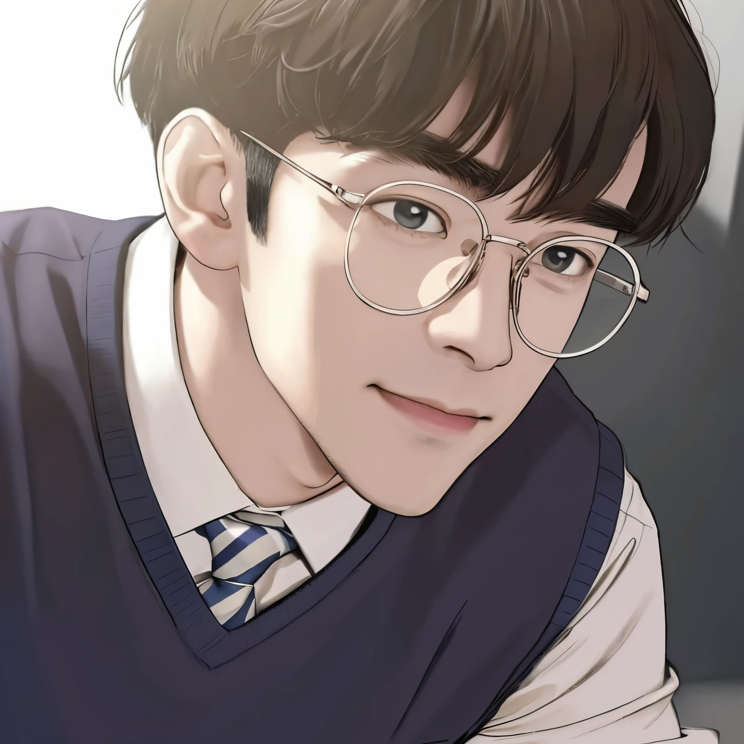 close-up of a man wearing glasses and a tie,  kind eyes and a slight smile, white shirt and dark blue vest ultra high res.phutorealistic:1.4,UHD