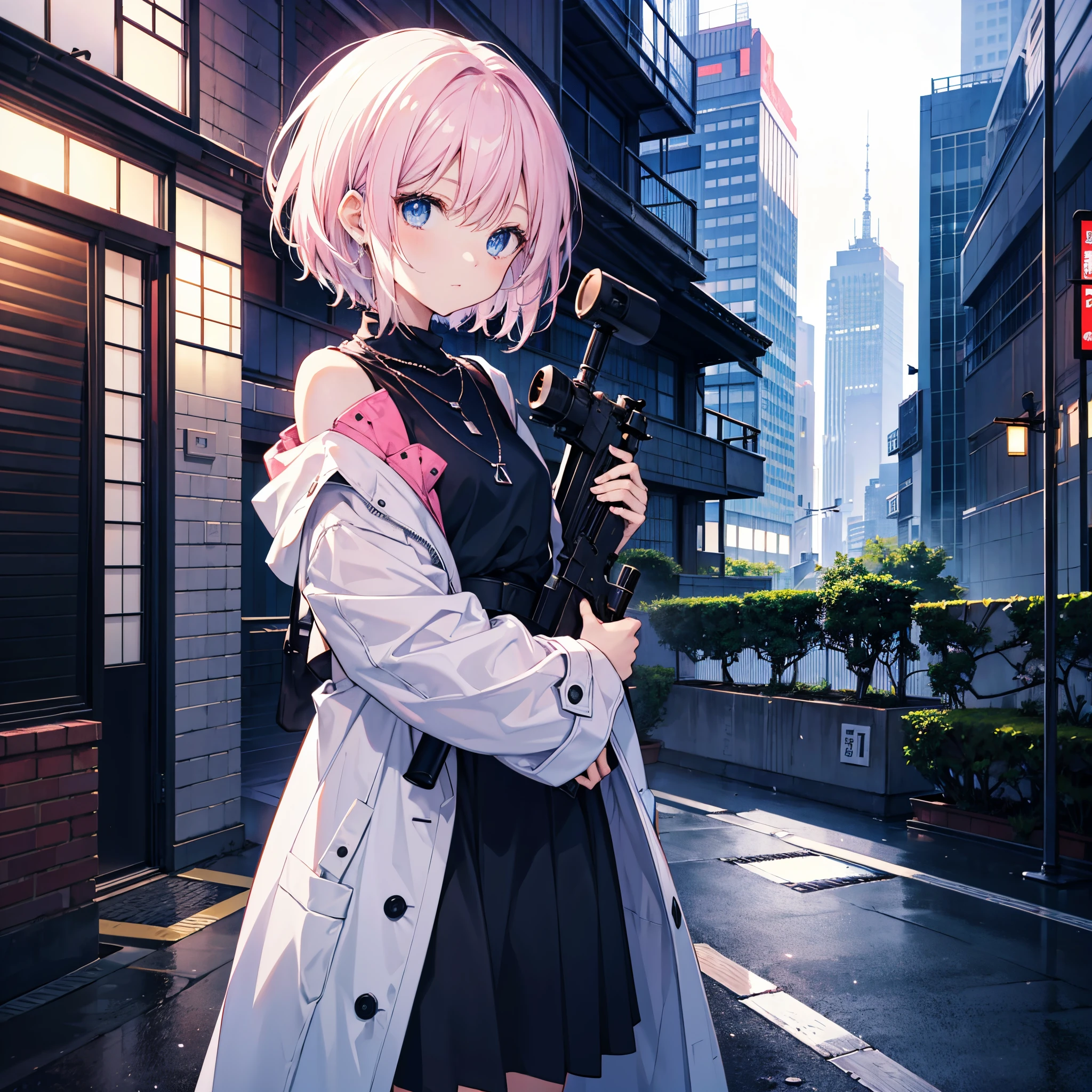 deep in the night、Rooftop of an urban building、Sniper Woman、White medium short hair lob hair with light pink mesh、blue eyes、Black long coat、White T-shirt、a black skirt、Cool face、Sapphire Necklace、cool lady、carrying a sniper rifle、high-level image quality、High Quality、hight resolution、2 million pixels、Two-dimensional illustration、Japan Anime、,drawn by Japanese ilastrator