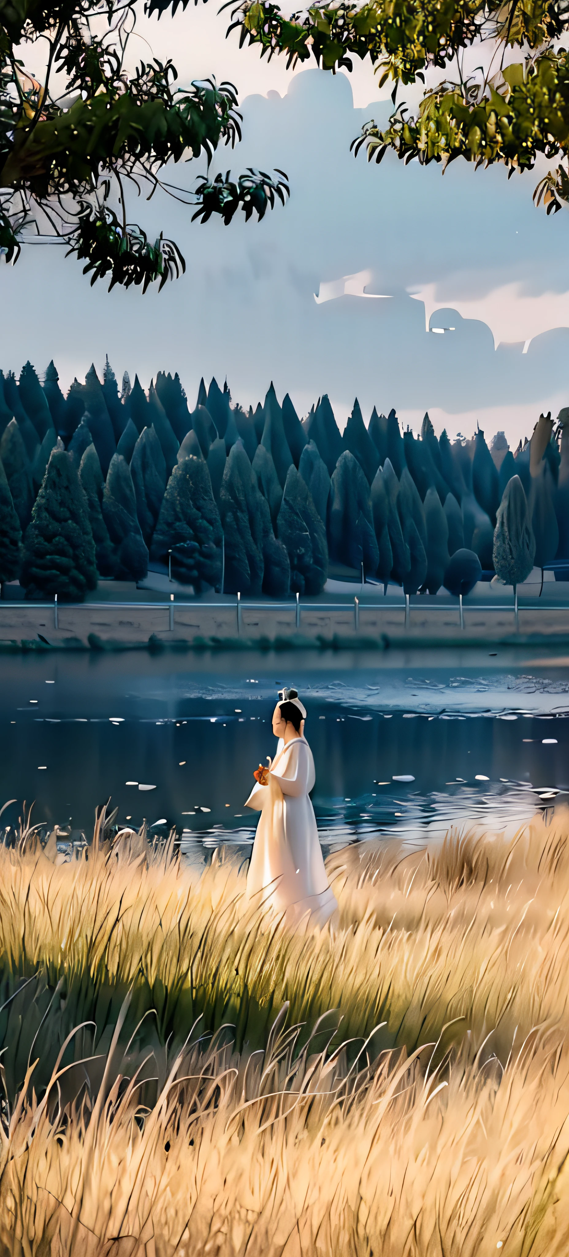 Arad woman in white dress walks in the field, White Hanfu, Palace ， A girl in Hanfu, Hanfu, inspired by Lü Ji, Inspired by Song Maojin, Inspired by Tang Yifen, Inspired by Huang Ji, a still of an ethereal, inspired by Ma Yuanyu, dreamy atmosphere and drama, A cena mais bonita