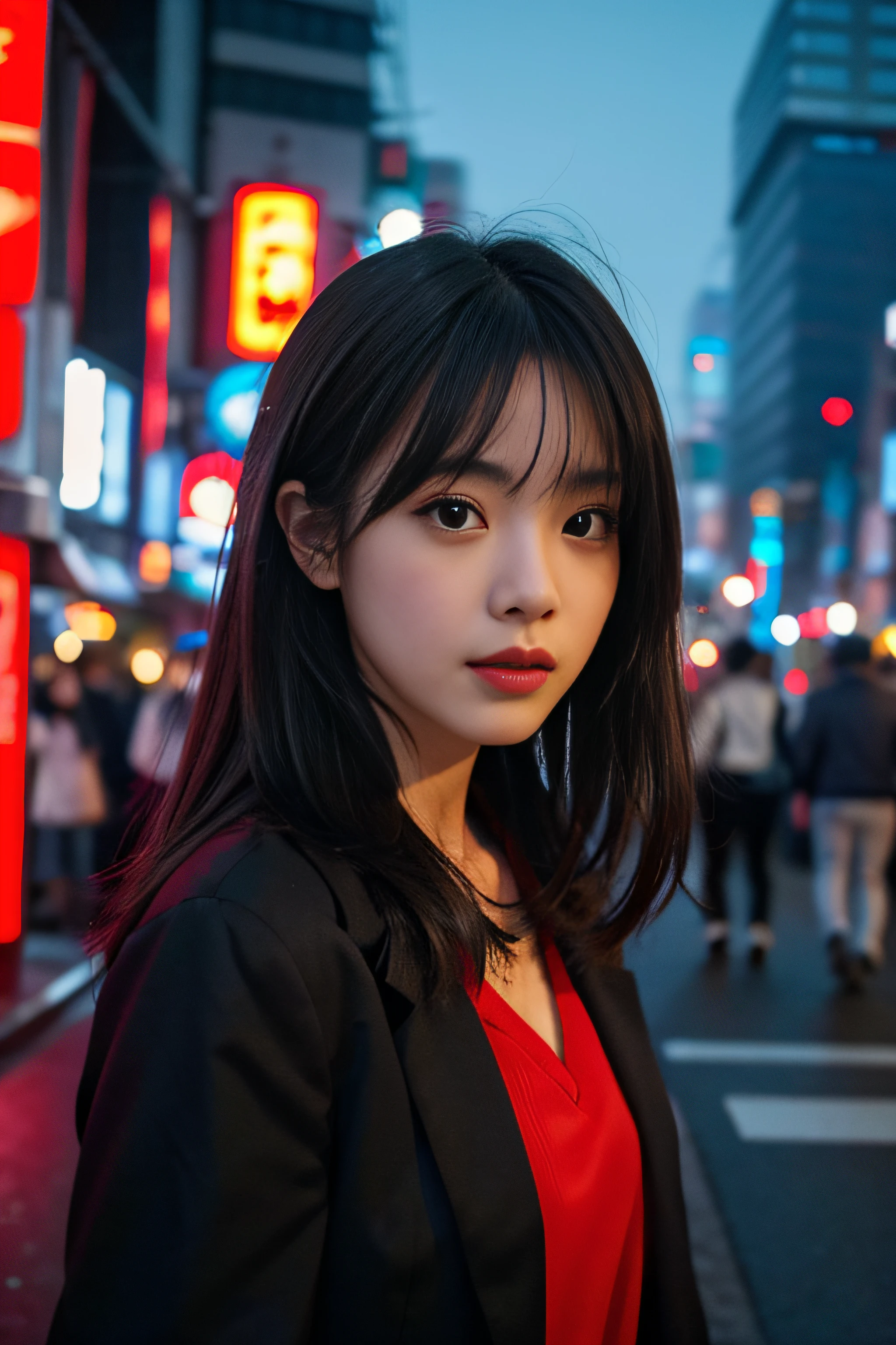1girl, Tokyo street,night, cityscape,city lights, upper body,close-up, 8k, RAW photo, best quality, masterpiece,realistic, photo-realistic,