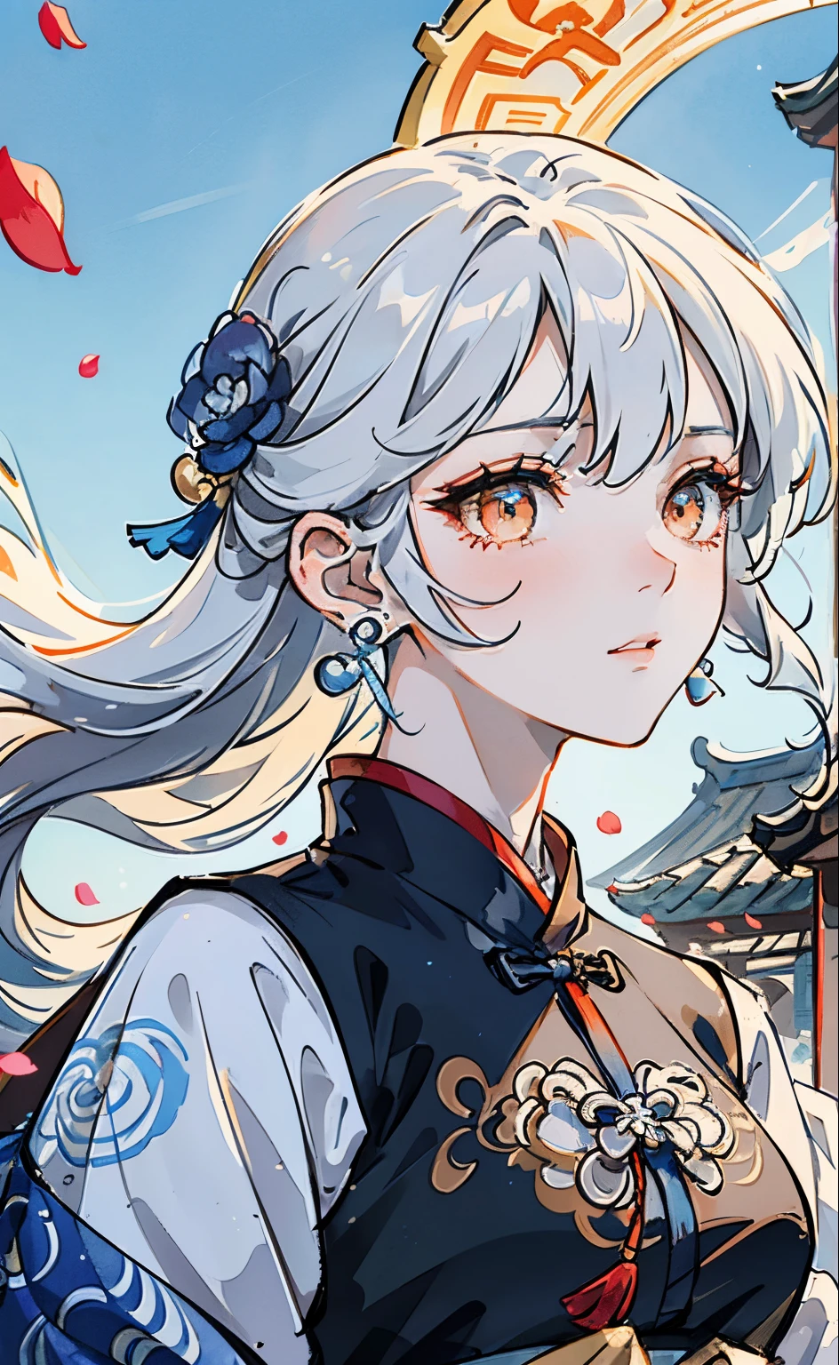 Mature girl, orange eyes, blue-white hair color, floating hair, delicate and flexible eyes, intricate damask hanfu, gorgeous accessories, wearing pearl earrings, fov, f/1.8, masterpiece, ancient Chinese architecture, blue sky, flower petals flying, front portrait shot, Chang'e, side lighting, sunlight on people, 8K