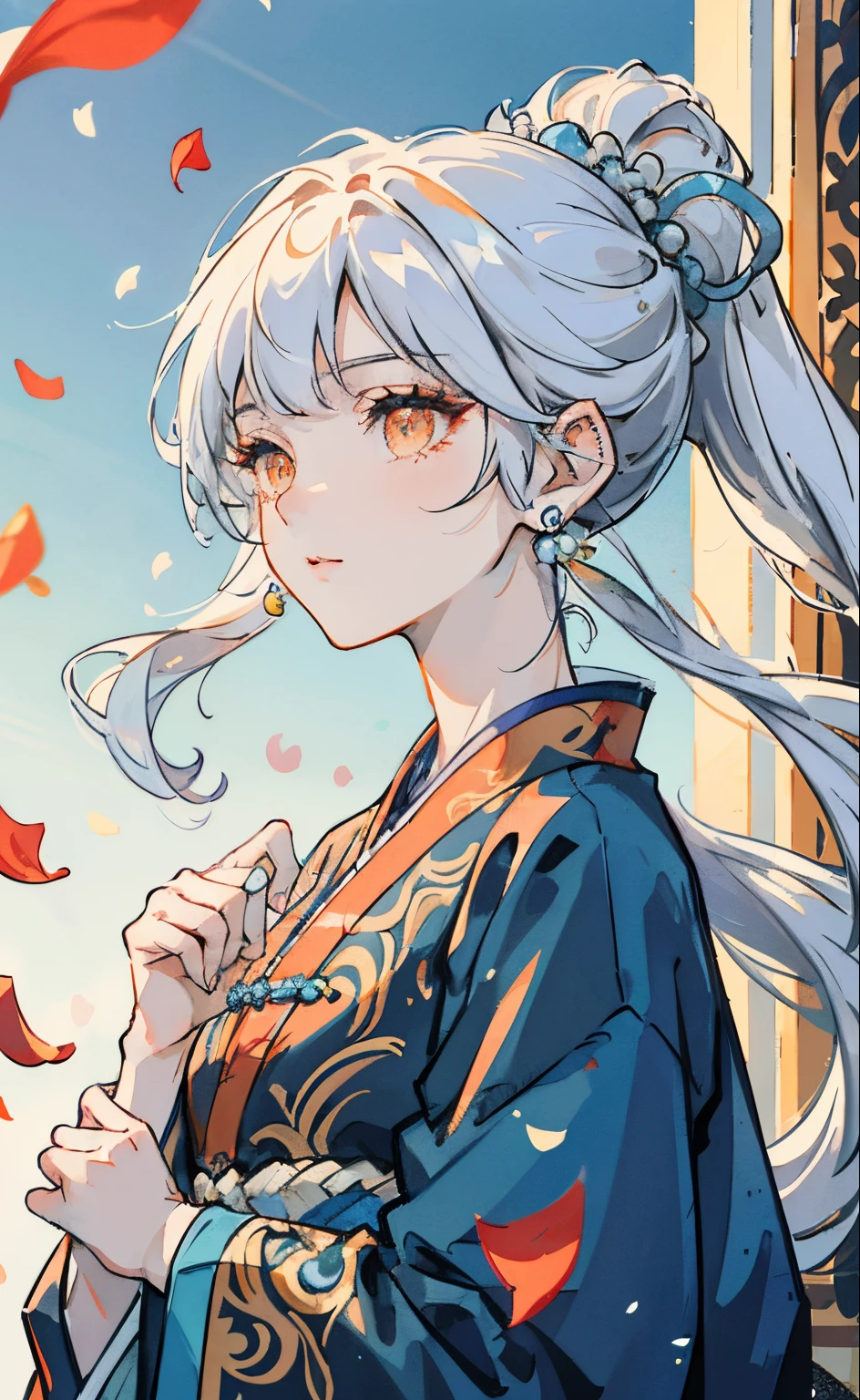 Mature girl, orange eyes, blue-white hair color, floating hair, delicate and flexible eyes, intricate damask hanfu, gorgeous accessories, wearing pearl earrings, fov, f/1.8, masterpiece, ancient Chinese architecture, blue sky, flower petals flying, front portrait shot, Chang'e, side lighting, sunlight on people, 8K