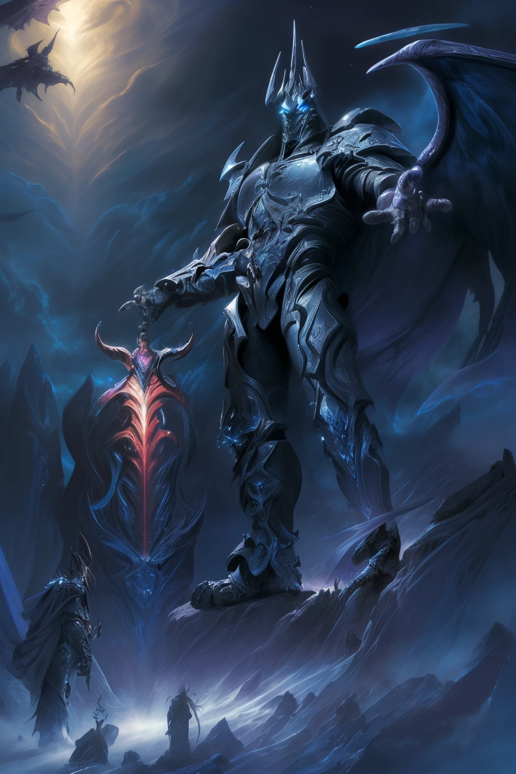 The is very detailed, high qulity, tmasterpiece, The beautiful, Yatoks, A pair of wings, glowing light eyes, 1boys, Alone, full bodyesbian ,huge detailed sword, Detail armor , lich king, arthas,mont, Skysky,,the night