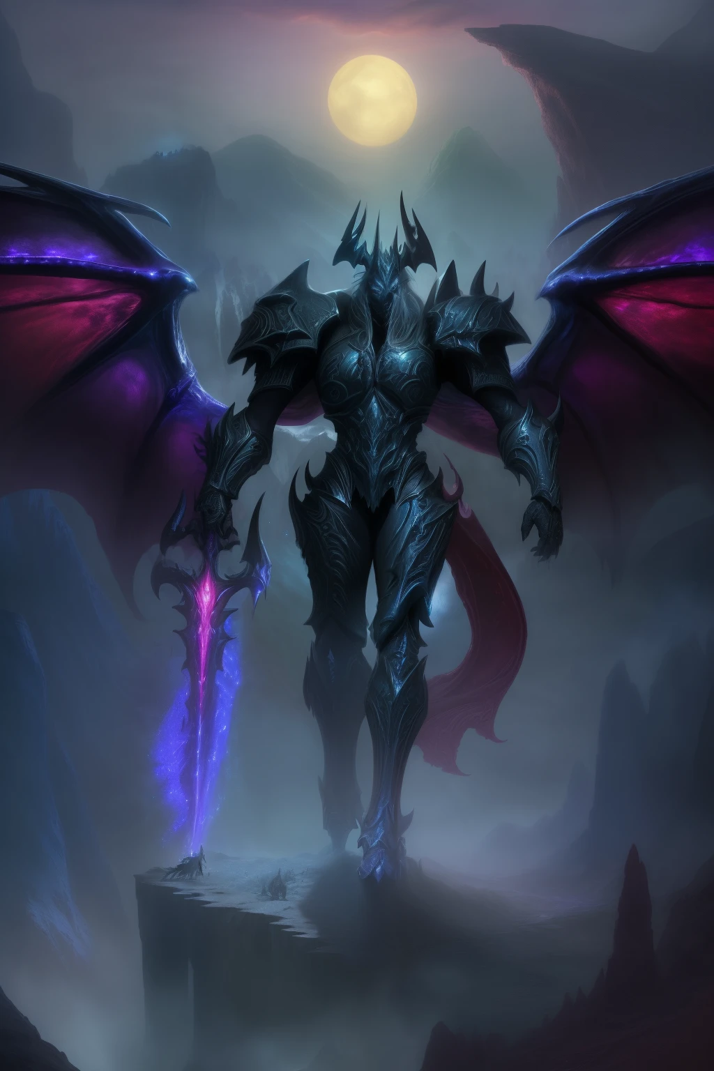 Highly detailed, High Quality, Masterpiece, beautiful, Aatrox, wings, glowing eyes, 1boy, solo, full body ,huge sword, Blue armor , Lich King, Arthas,mountain, sky,,night