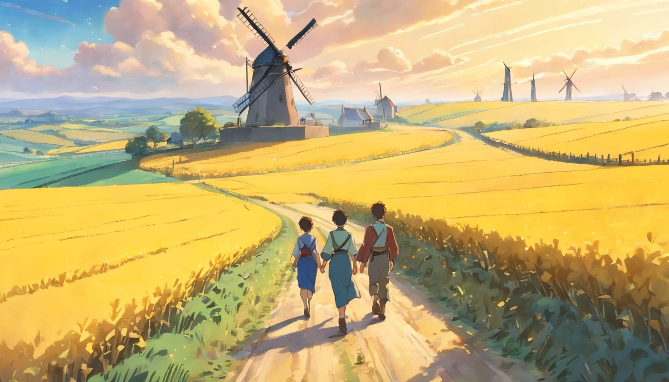 detailed color pencil drawing of 3farmers walking on a narrow road between yellow fields, cloudy, ((1windmill in the background)),, (farmer looking into the camera) stills from Lord of the Rings, 2001, in the style of Alan Lee, fantasy