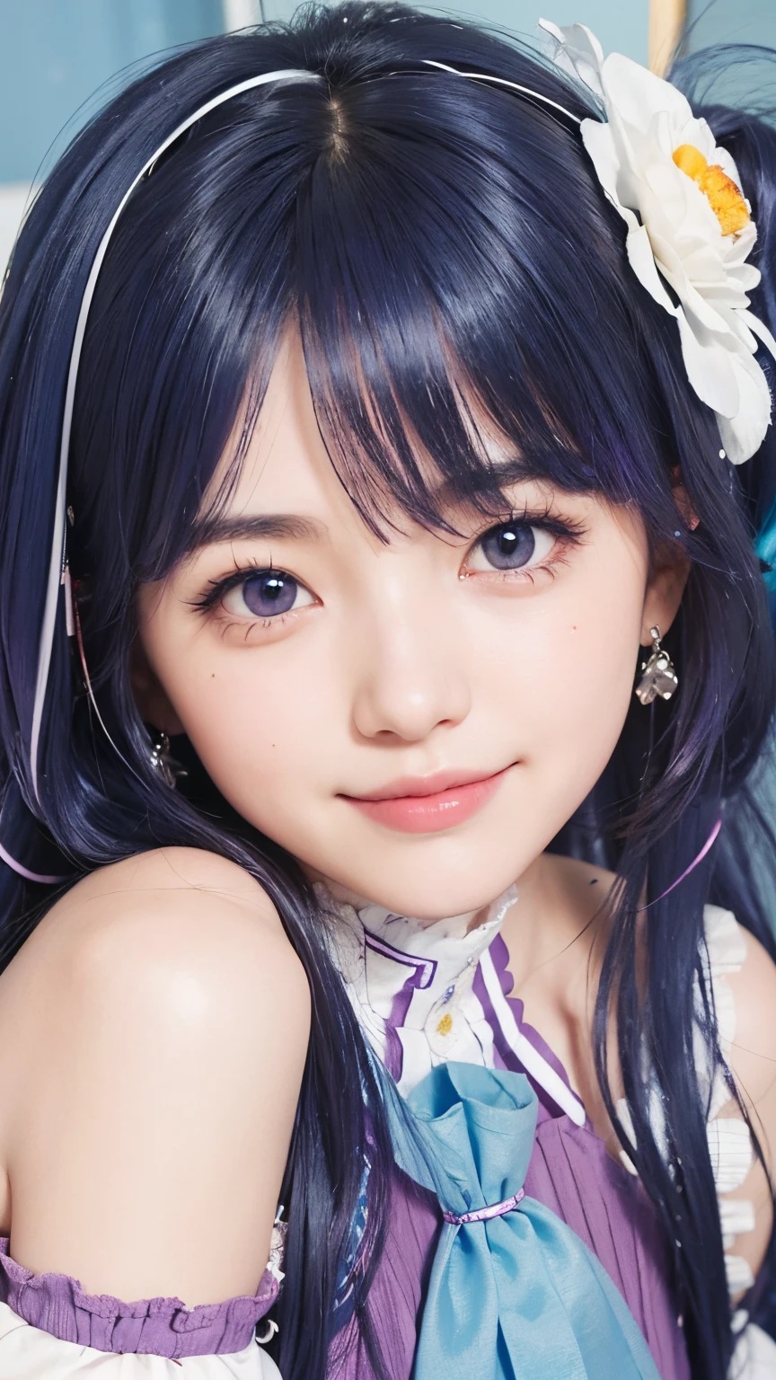 A girl with realistic long purple and blue hair, (same realistic hairstyle), realistic pretty+cute face, realistic smile expression, adapt equally realistic clothes,this character name is Ai hoshino, realistic light, realistic shadow, realistic background, good picture quality,the image results are very good, 4k, ultra detailed, realistic, (doll hair clips are equally realistic)