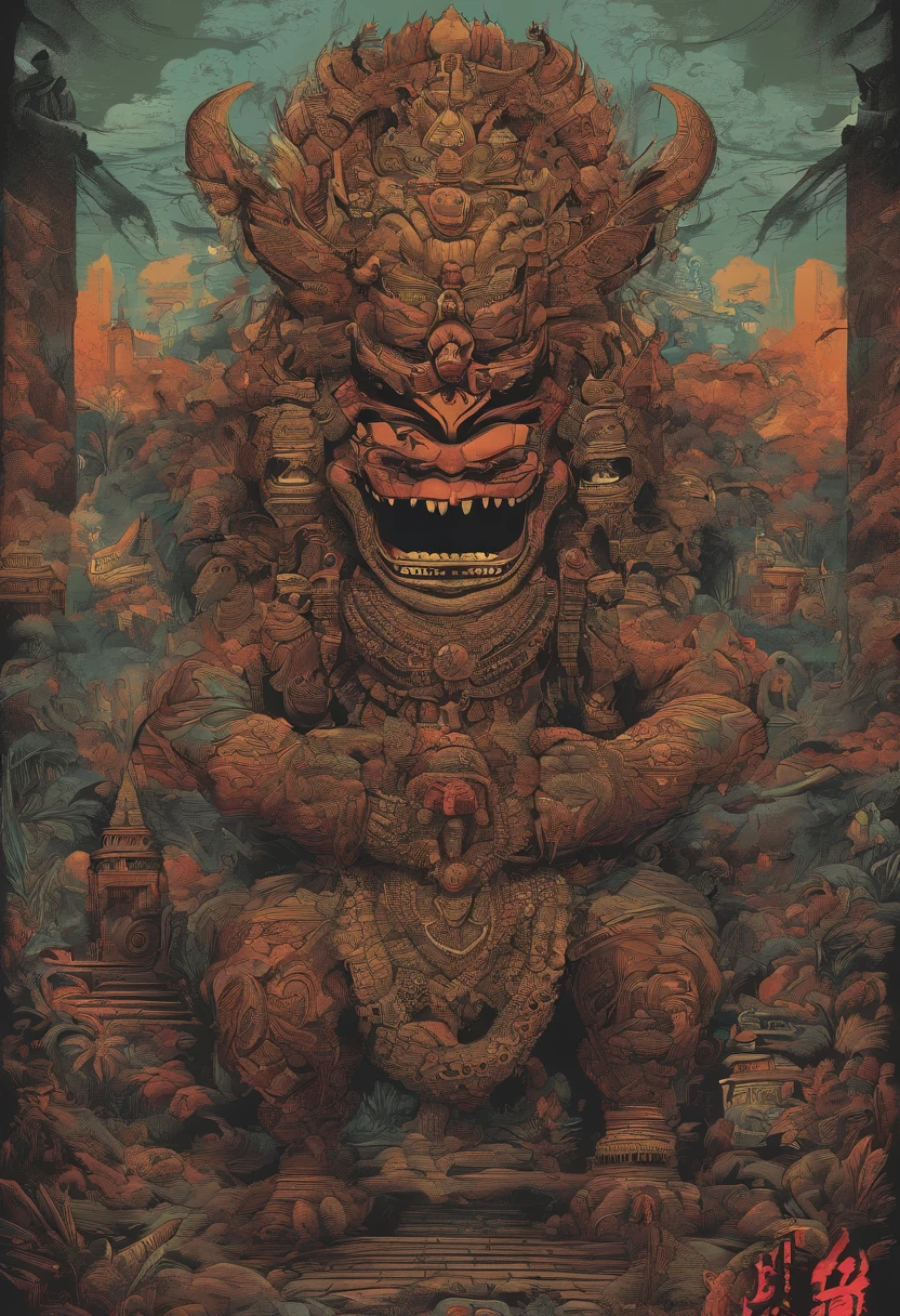 Indonesian's Monster and culture, poster, streat wear design, 1990 vibe, HD texture, Javanese Culture, Bali's Culture, REPAIR BODY