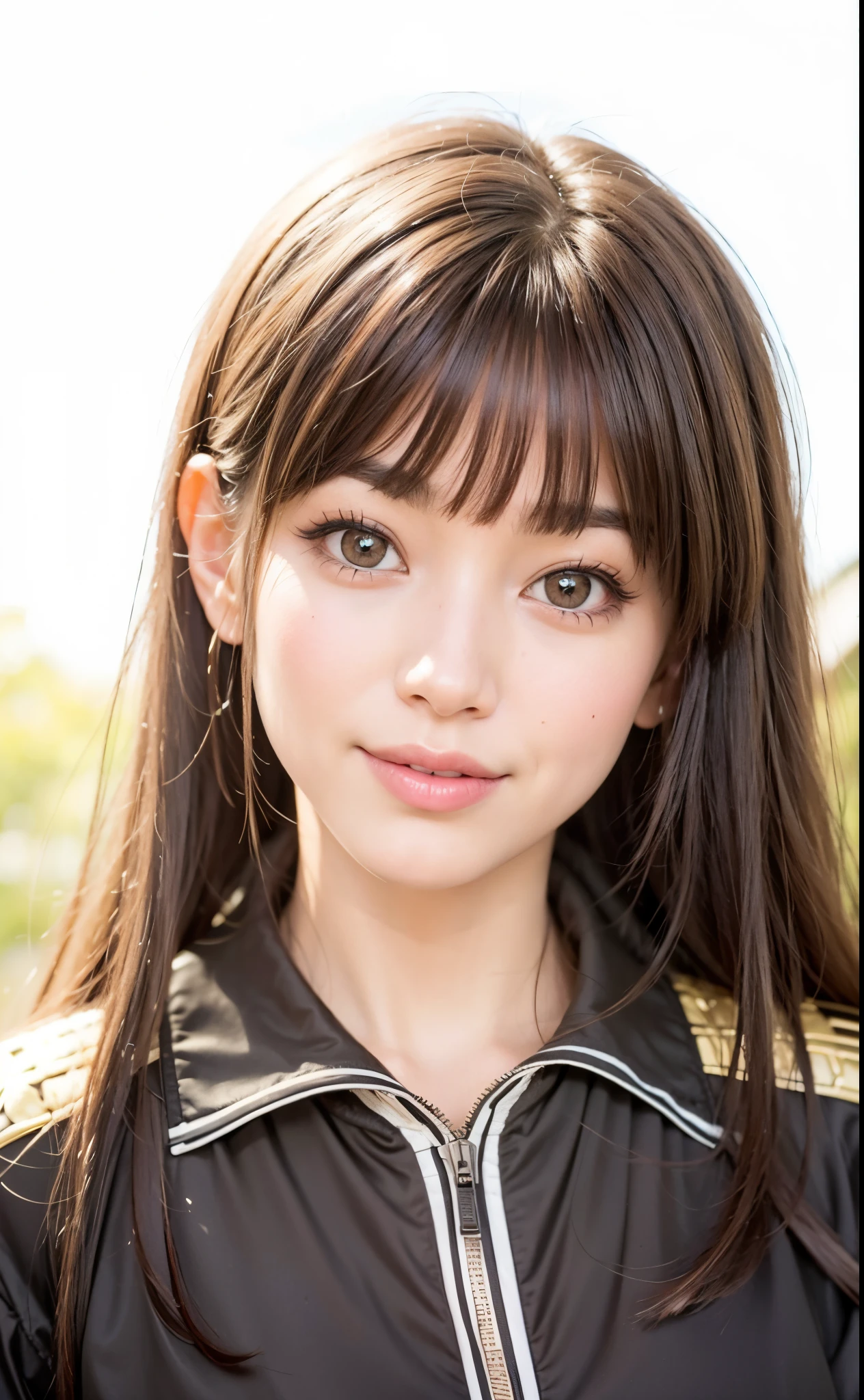 close-up of a girl with long hair and a jacket, endearing smile, kind big eyes brown hair with bangs ultra high res.phutorealistic:1.4,UHD