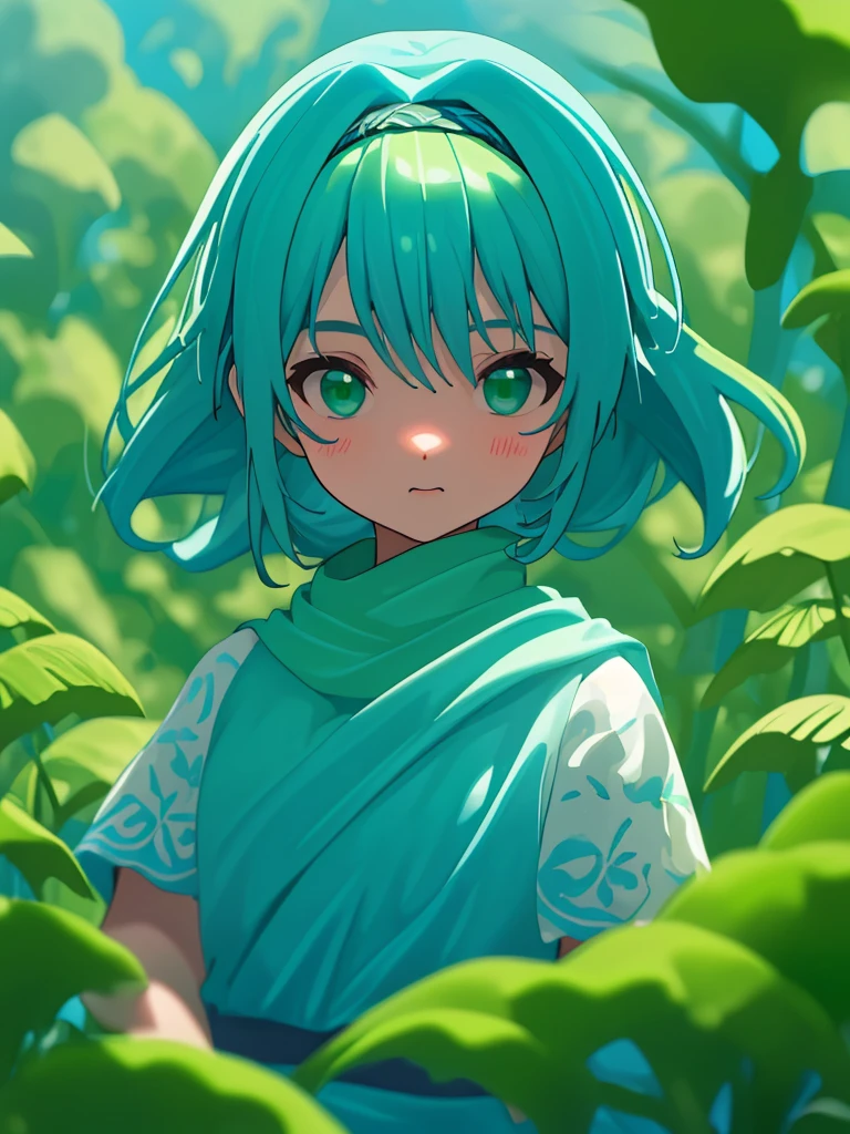1 girl, cabelo azul com fundo verde, olhos grandes azuis detalhados, olhar curioso, Poderes roxos e verde brilhantes e desfocados, fundo verde, folhas voando desfocado, (Papel de parede extremamente detalhado da unidade CG 16k:1.1), (Strength that eliminates noise: 1.45), (tObra-prima:1.37), ((Arte Oficial)), UHD