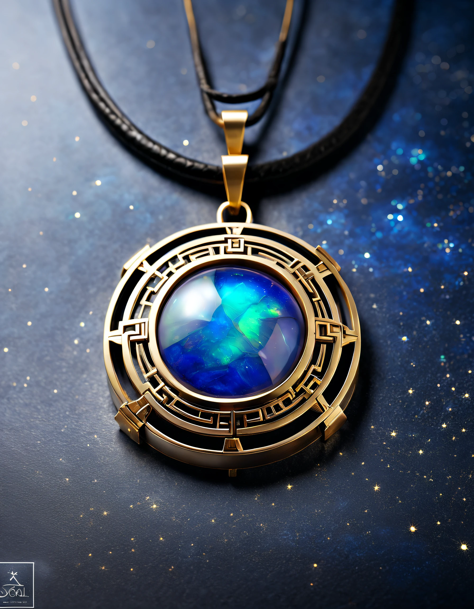 Item design, (Close-up of pendant with round outside and square inside), (There is a huge double opal in the center: 1.2), a leather cord, (Constellation symbol：1.2), (Constellation symbol：1.2), （Black gold border:1.1）, (lapis lazuli), (turquesa)，Complex structure, geometric shapes, 3 Rendering, ,number art, jewelry photography,3d engraving background： Black stone