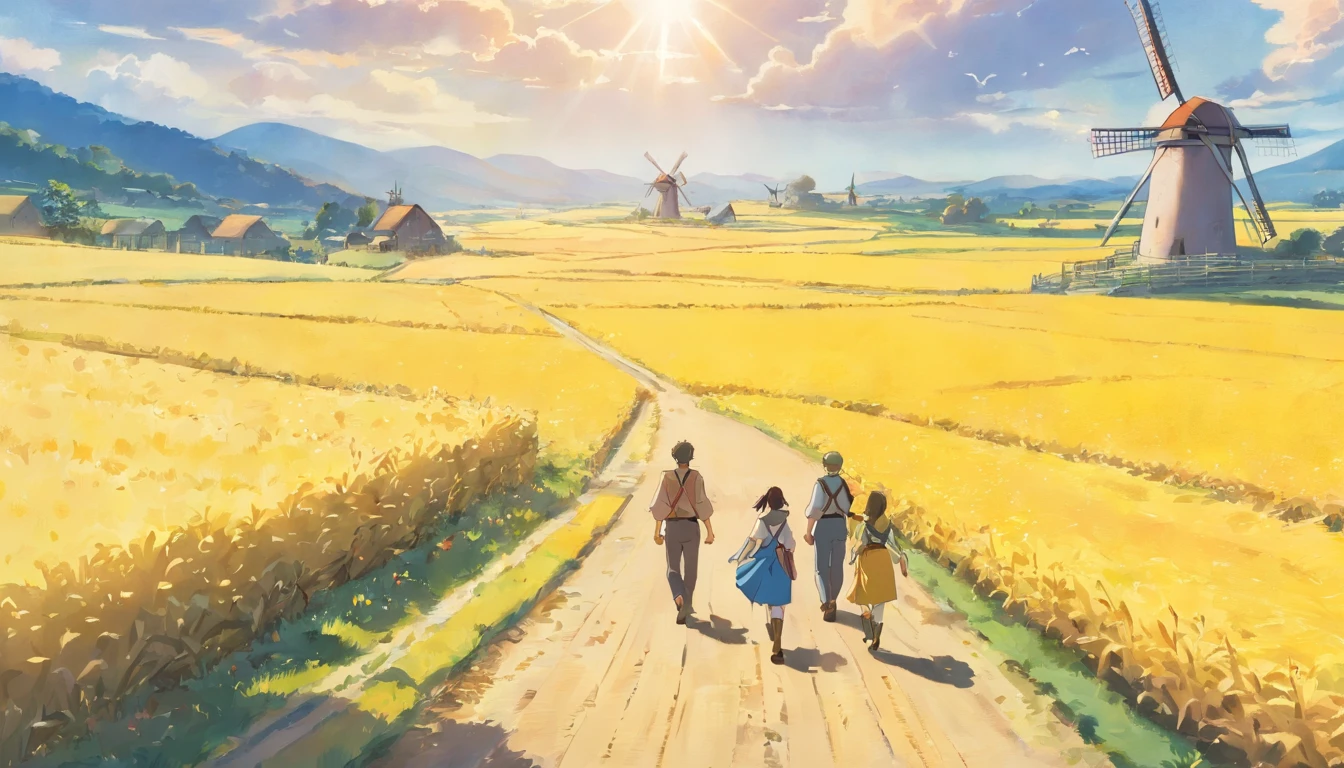 detailed color pencil drawing of 3farmers walking on a narrow road between yellow fields, cloudy, ((3farmers face to the camera)), ((1windmill in the background)),, (farmer looking into the camera) stills from Lord of the Rings, 2001, in the style of Alan Lee, fantasy