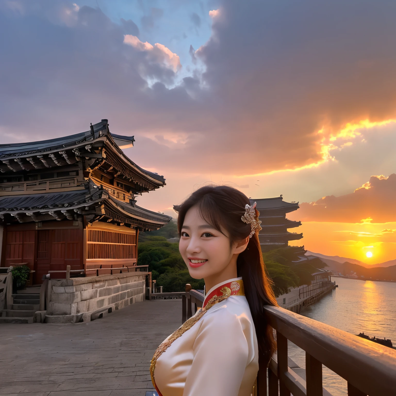 ((top-quality、masutepiece、8K、Top image quality、1 photo))、((a korean princess、1 Korean Princess、Korean Face、1 Korean woman、Huge sunset、Brilliant sunset、spectacular movie lighting、Korean historical drama atmosphere、Korea in the old days、Korean traditional costumes、Korean traditional costumes、perfect chignon、large full breasts))、((The background of the princess is a deep view of old buildings in Korea.、Panoramic view of the city in the background of Princess、、The huge and majestic ancient capital of Korea、Korea in the 1500s、Atmosphere of Korea during the Joseon Dynasty、Luxury Korean buildings from the 1500s))、(View me、Look at viewers、A smile、Beautiful teeth)