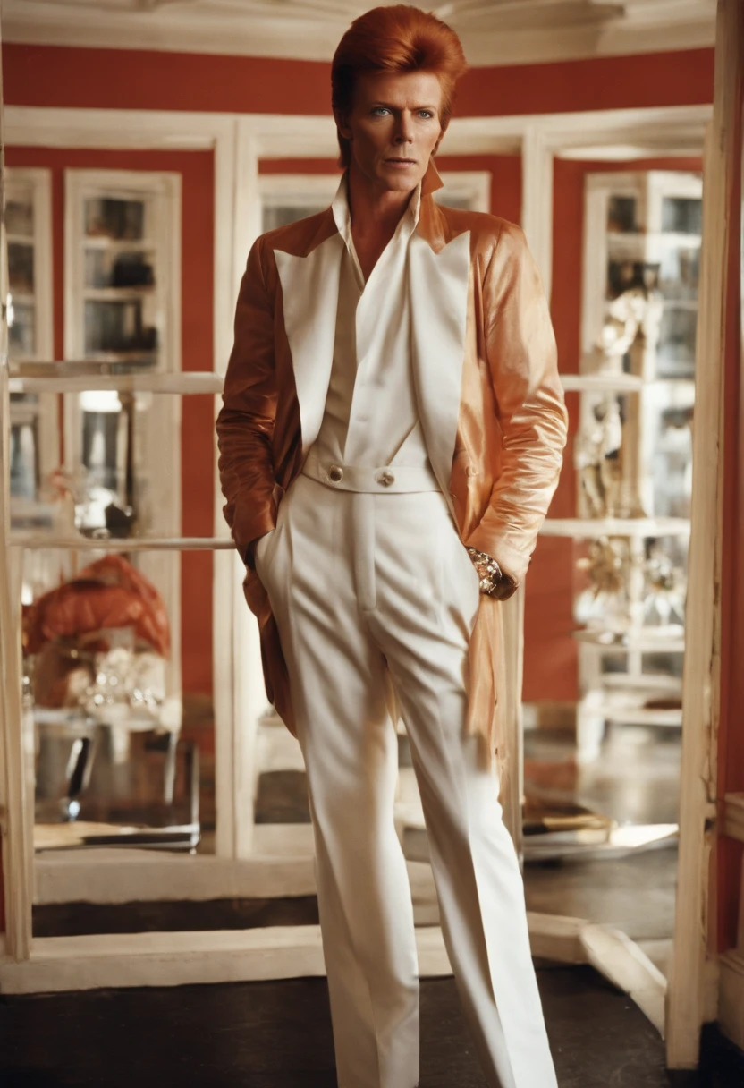 A photo of Bowie exploring a vintage art supply store,original,David Bowie had a distinct and versatile physical appearance that evolved over the course of his career. While it's difficult to capture the full scope of his appearance in a single description, here are some general features that were often associated with Bowie:
1. Facial Features: Bowie had a unique facial structure that included high cheekbones and a well-defined jawline. His eyes were often described as piercing and captivating, with one of his pupils appearing permanently dilated due to anisocoria, a condition resulting from a childhood injury. His eyebrows were expressive and often arched, adding to his overall intensity.
2. Hair: Bowie's hair was an important element of his ever-changing image. He experimented with various hairstyles, colors, and lengths throughout his career. He was known for sporting different colors, including red, blonde, and variations of brown. Bowie's hairstyles ranged from the iconic Ziggy Stardust red mullet to shorter, slicked-back styles during his later years.
3. Physique: Bowie had a slender and lean physique. He possessed a graceful and elegant presence, which he often accentuated through his dynamic stage performances and expressive gestures. While not particularly muscular, his physicality exuded a sense of energy and fluidity.
4. Fashion and Style: Bowie was a fashion icon, and his style was as eclectic as his music. He effortlessly blended elements from various subcultures, eras, and genres. From glam rock-inspired costumes to tailored suits and avant-garde ensembles, Bowie embraced a wide range of fashion choices. He had a penchant for bold and innovative designs, often incorporating theatrical elements into his wardrobe.
5. Androgynous Appearance: Bowie's androgynous appearance was a significant aspect of his image. He challenged traditional gender roles and norms, embracing a sense of fluidity and blurring the lines between masculine and feminine aesthetics. His ability to embody both masculine and feminine characteristics contributed to his allure and made him an icon of gender-bending fashion.
It's important to note that these descriptions provide a general overview of David Bowie's physical appearance, but they do not fully capture the breadth and depth of his transformative image. Bowie was a master of reinvention, and his ever-changing looks were an integral part of his artistic expression and his ability to captivate audiences.
David Bowie's physical appearance went through various transformations throughout his career, as he often adopted different personas and styles. Here are some notable descriptions of Bowie's appearance during different periods:
1. Ziggy Stardust Era (Early 1970s): One of Bowie's most iconic looks was during his Ziggy Stardust era. He sported vibrant red hair, which was styled into a distinctive mullet. He often wore bold, theatrical makeup, including a lightning bolt across his face, emphasizing his androgynous and otherworldly persona. His costumes were flamboyant and futuristic, featuring metallic jumpsuits, platform boots, and colorful accessories.
2. Thin White Duke Era (Mid-1970s): During the Thin White Duke era, Bowie adopted a more refined and elegant appearance. He had blonde hair, which he usually wore slicked back or combed to the side. His fashion choices were sleek and sophisticated, often showcasing tailored suits, crisp dress shirts, and ties. This period reflected a more minimalist and sophisticated aesthetic.
3. Berlin Trilogy Era (Late 1970s): In the late 1970s, Bowie's appearance during the Berlin Trilogy phase reflected a more subdued and avant-garde style. He had short, cropped hair with a slightly disheveled look. His fashion choices leaned towards a mix of casual and experimental, with a preference for dark colors, oversized coats, and unconventional combinations of clothing.
4. New Romantic Era (Early 1980s): During the New Romantic era, Bowie embraced a more flamboyant and glamorous look. He experimented with extravagant hairstyles, including permed or teased hair with vibrant colors. His makeup became more dramatic, with bold colors and exaggerated features. He often wore flamboyant and elaborate outfits, featuring ruffled shirts, sparkly jackets, and accessories like scarves and hats.
5. Later Years (1990s and 2000s): In his later years, Bowie's appearance became more refined and mature. He often had shorter, styled hair, with colors ranging from blonde to salt-and-pepper gray. His fashion choices varied, but he often opted for tailored suits, crisp shirts, and fashionable jackets. He embraced a more casual yet sophisticated style, showcasing his timeless and ageless charm.
It's important to note that David Bowie's appearance was not limited to these descriptions, as he constantly reinvented himself and explored different looks throughout his career. His ability to transform his appearance was an integral part of his artistic expression and contributed to his status as a fashion and style icon.
Most known is his Ziggy Stardust Era Look.