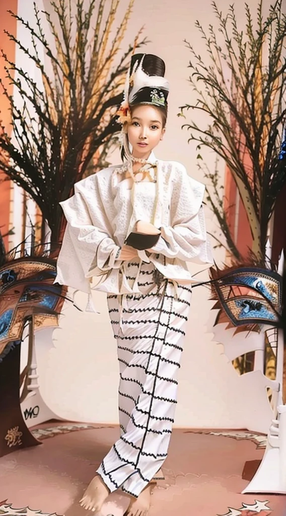 MMTD Burmese patterned traditional dress lady full body details beautiful cartoon girl background is blue colour