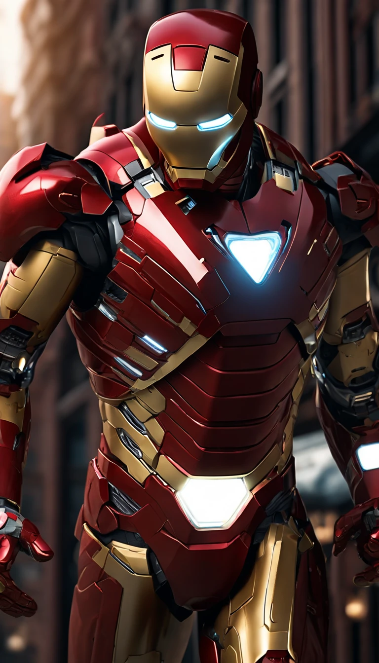 (best quality,4k,8k,highres,masterpiece:1.2),ultra-detailed,(realistic,photorealistic,photo-realistic:1.37),Iron Man,full-length,extremely detailed suit and features,super surreal art,metallic texture,glowing eyes,arc reactor on chest,flying in the air,action pose,cityscape background,red and gold color scheme,high contrast lighting