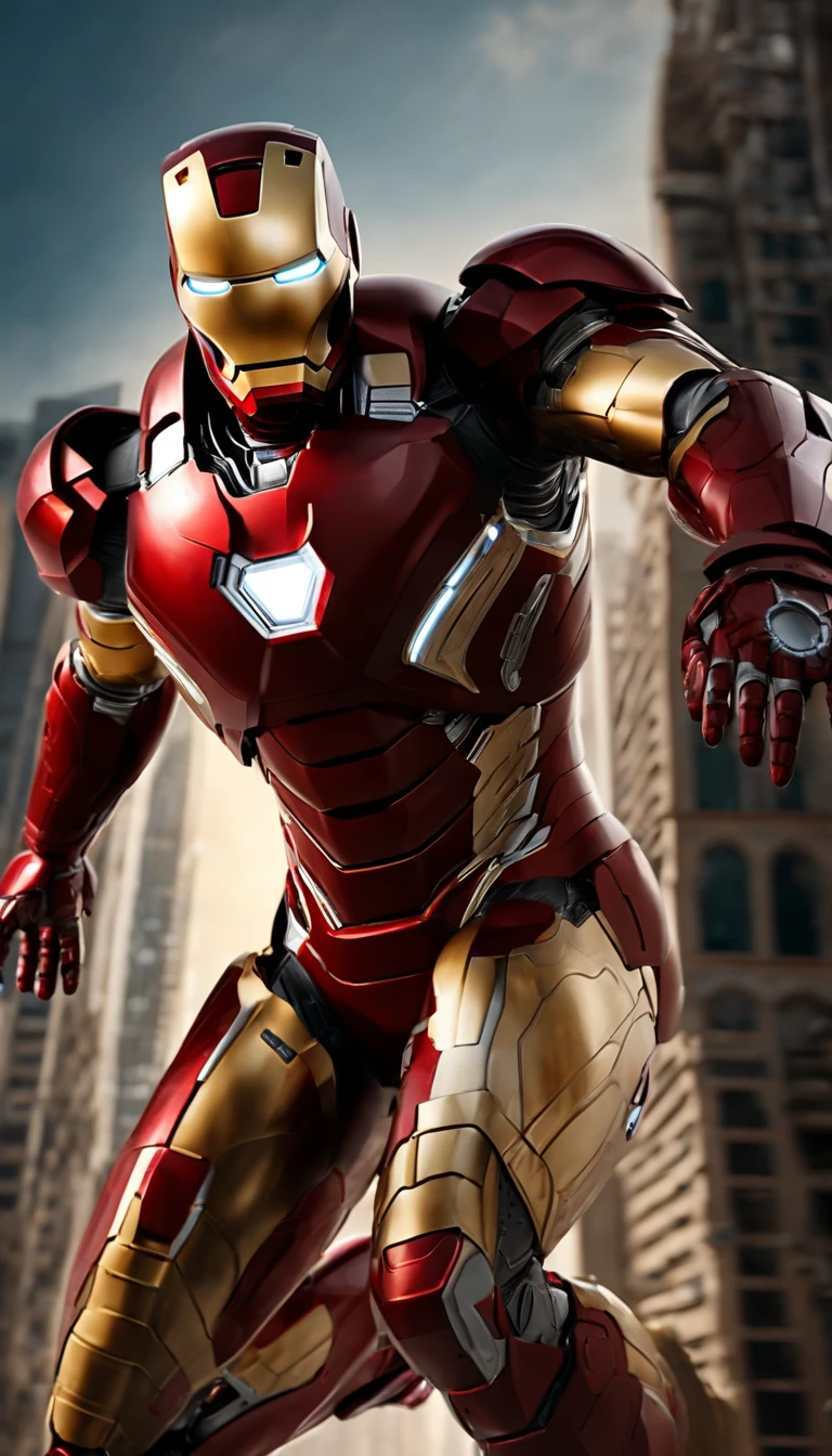(best quality,4k,8k,highres,masterpiece:1.2),ultra-detailed,(realistic,photorealistic,photo-realistic:1.37),Iron Man,full-length,extremely detailed suit and features,super surreal art,metallic texture,glowing eyes,arc reactor on chest,flying in the air,action pose,cityscape background,red and gold color scheme,high contrast lighting