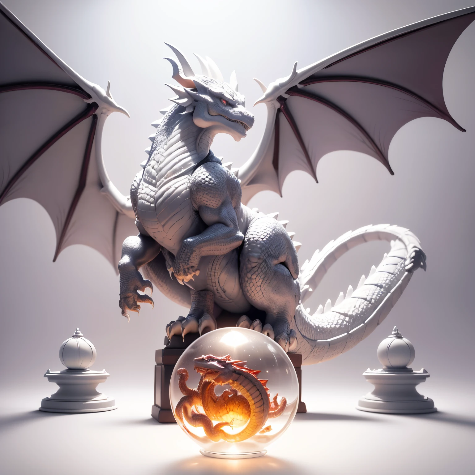 Ultra-realistic, 16K image,Realistic but deformed dragon、games、isometric、detaileds、A dragon is sitting on a crystal ball、shenron、３D、gargoyle-like figurine, (no background, white background:1.5)