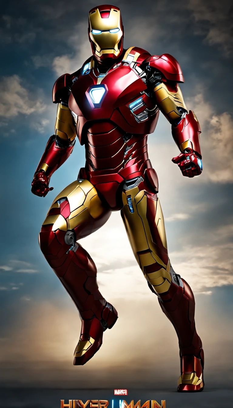 (best quality,4k,highres,masterpiece:1.2),Ultra-detailed,Iron Man in full body shot,extremely detailed suit and features,hyper-realistic art style, vibrant colors, studio lighting