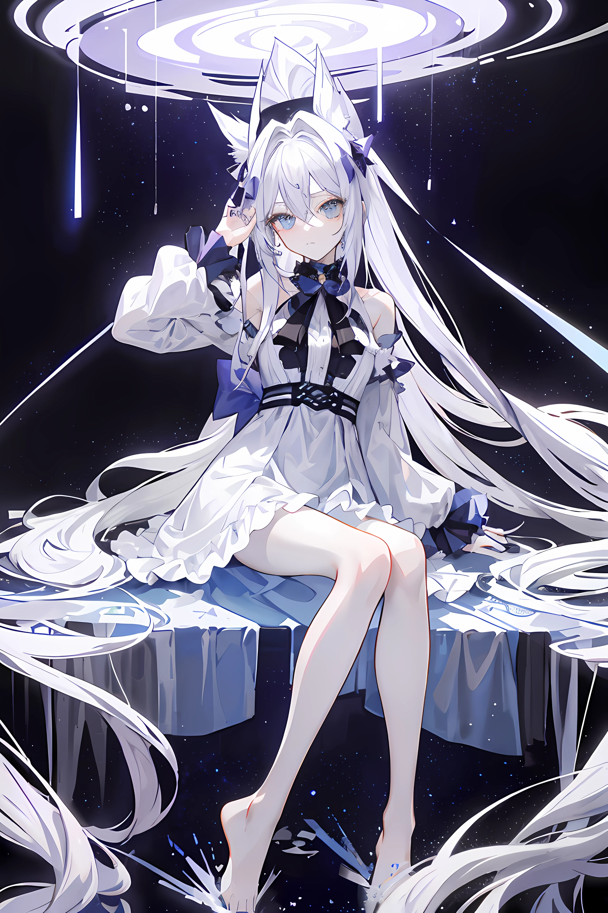 Lilac gradient hair,Asymmetrical hair,（（Hair is very thick 1.8，Hair is well-defined1.6））， Hair over the shoulder, messy  hair, Very long hair, shinny hair，(Long gray hair:1.2),A beautyful girl，（Luxurious Platinum Mini ****ta，Made of transparent material1.5），（Transparent clothes transparent 1.8），perfect body figure，high and high，slenderness，(looking sad，Haggard complexion、Haggard complexion、 ，grieves，close your mouth：1.2） Against the backdrop of an unusually bright dark starry sky，The stands up，depth of fields（Place your hands behind your back），（Round, medium large, firm breast），The barefoot，afloat，waterface，（long leges，long leges，long leges，Perfect leg shape），fully body photo