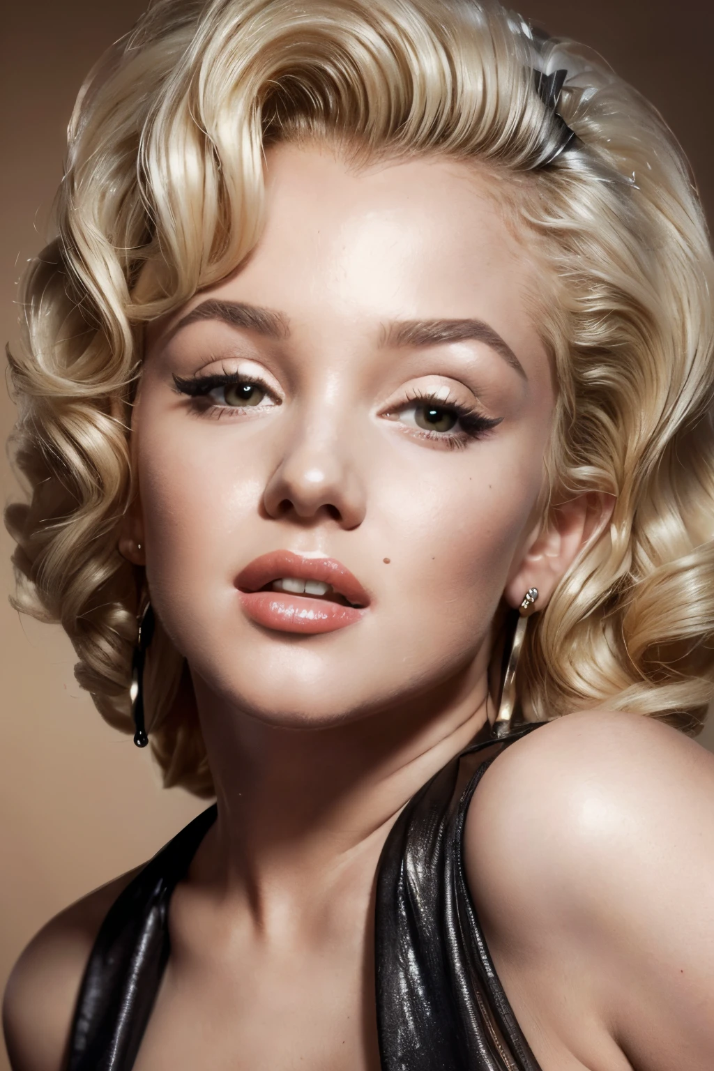 (Masterpiece),8k, ultra high quality, ((young) Marylin Monroe) with (((((small)))+lips)), ((perfect+((small))+(rounded)+nose+(small+nose bridge)+((feminine))+nose)), ((blonde wavy curly hair)), ((brown))+eyes, wearing a beauitful (feminine) (black) blazer, headshot