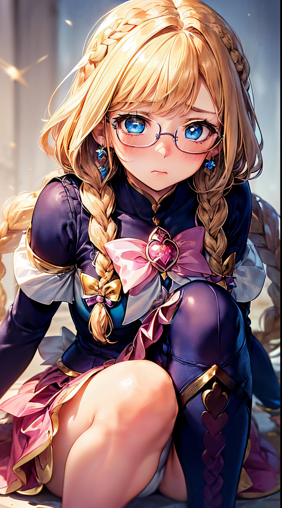 1womanl,Golden head hair,ar old Impatient expression)),Beautiful breasts,(((magical girl suit)))(,well-styled,,(Facing the front)(((Blushing cheeks、Surprised look)),(((Braids))),((( Portrait from the knee up)))Frameless glasses,Blue eyes,(((Bangs are aligned)))((see -through))((magical girl suit))