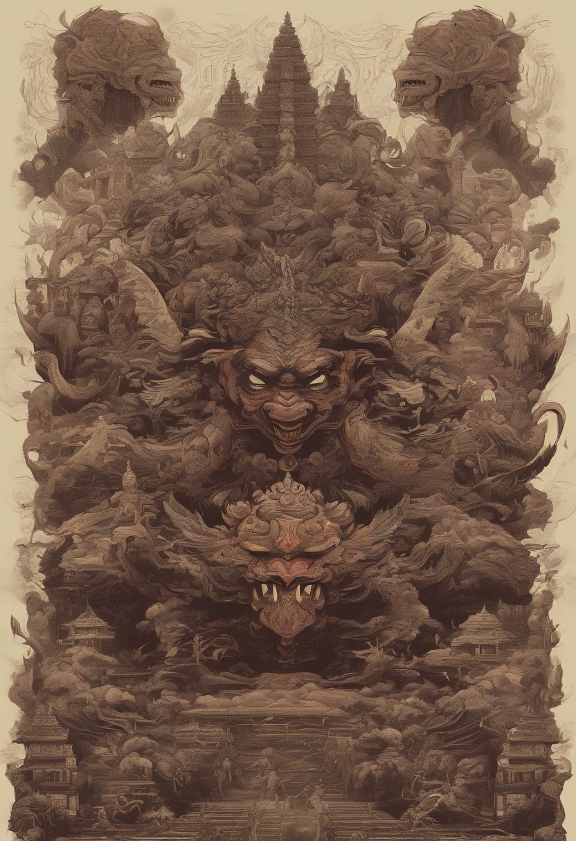 Indonesian's Monster and culture with high-resolution texture and details, poster, streat wear design, 1990 vibe, HD texture, Javanese Culture, Bali's Culture, REPAIR BODY,high-resolution texture and details