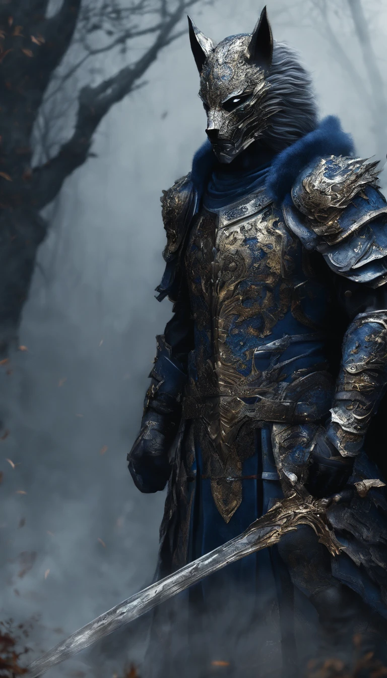 warrior, concept-art, Fantasy art, battleground background, clean render, Wear a suit of armor, Detailed bushido form smoke, helmet of a wolf deity, character is standing holding a sword, 8k Realistic, in game render, detailed face background detail, Art station front page, taur, Pseudo-medieval fantasy, A deity wearing wolf armor, detailed blue and gold wolf armor, blue and wolf gold armor, gold etched armor, Light blue armor, Gorgeous filigree armor, A wolf armor warrior, Gorgeous armor full of gems, Intricate assasin armor, Intricate metal armor, powerful warrior, Dressed in gorgeous blue armor,Decorated with intricate patterns, The helmshaped like a wolfs head ,Glowing eyes, standing in a dark forest, The smoky background alludes to battle scenes, Add an ominous aura to his character,submission, Full body shot.