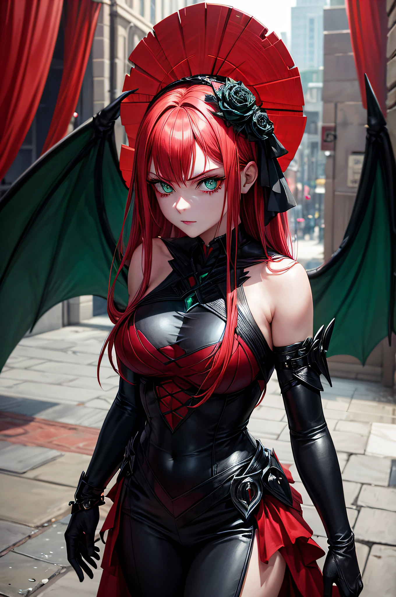 "Describe the facade of a woman who presents herself as malevolent but harbors hidden vulnerabilities. What lies beneath the mask of evil, and is redemption possible? big green eyes red and black outfit