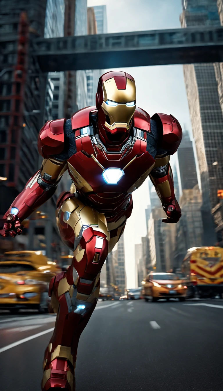 (best quality,4k,8k,highres,masterpiece:1.2),ultra-detailed,(realistic,photorealistic,photo-realistic:1.37),Iron Man,full-length,extremely detailed suit and features,super surreal art,metallic texture,glowing eyes,arc reactor on chest,flying in the air,action pose,cityscape background,red and gold color scheme,high contrast lighting