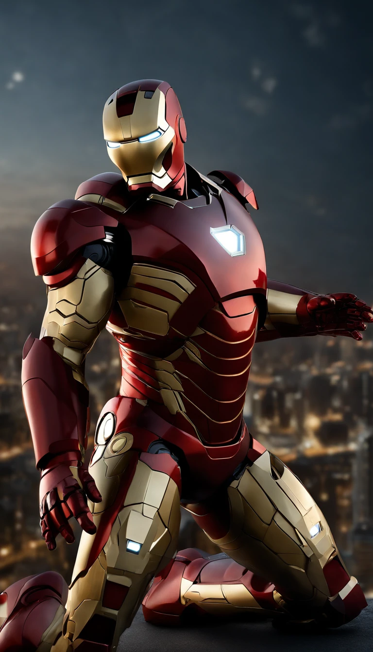 (best quality,4k,8k,highres,masterpiece:1.2),ultra-detailed,(realistic,photorealistic,photo-realistic:1.37),Iron Man,full-length,extremely detailed suit and features,super surreal art,metallic texture,glowing eyes,arc reactor on chest,flying in the air,action pose,cityscape background,red and gold color scheme,high contrast lighting