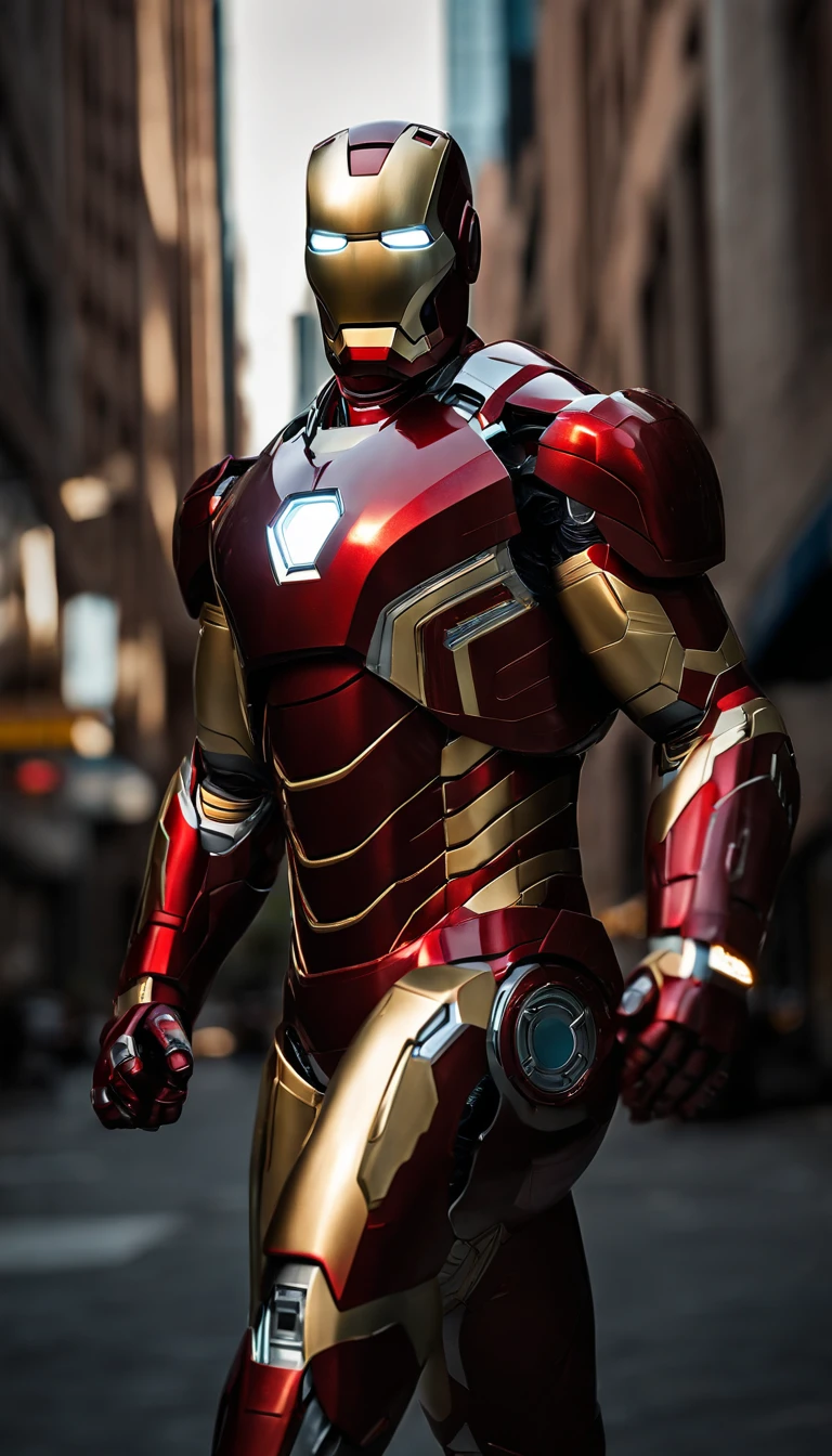 (best quality,4k,8k,highres,masterpiece:1.2),ultra-detailed,(realistic,photorealistic,photo-realistic:1.37),Iron Man,full-length,extremely detailed suit and features,super surreal art,metallic texture,glowing eyes,arc reactor on chest,flying in the air,action pose,cityscape background,red and gold color scheme,high contrast lighting