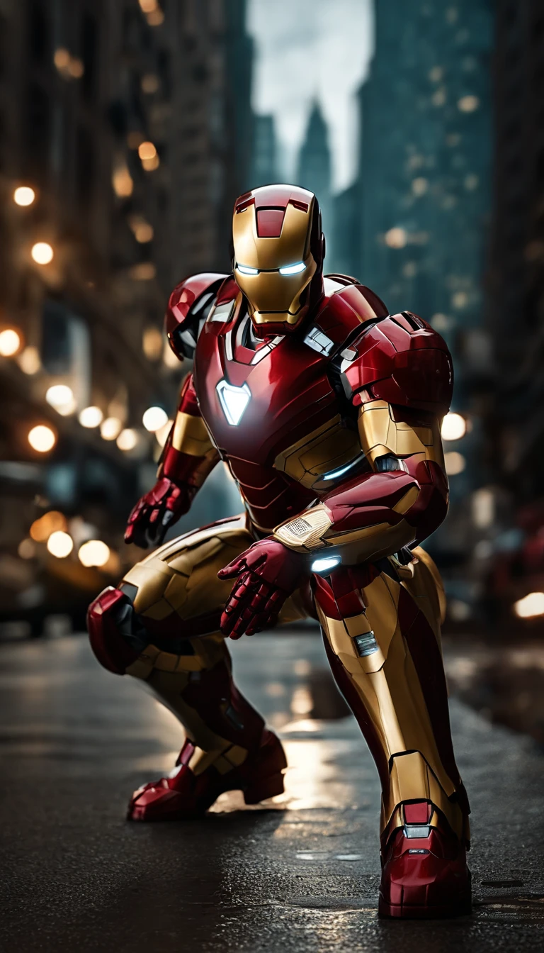 (best quality,4k,8k,highres,masterpiece:1.2),ultra-detailed,(realistic,photorealistic,photo-realistic:1.37),Iron Man,full-length,extremely detailed suit and features,super surreal art,metallic texture,glowing eyes,arc reactor on chest,flying in the air,action pose,cityscape background,red and gold color scheme,high contrast lighting