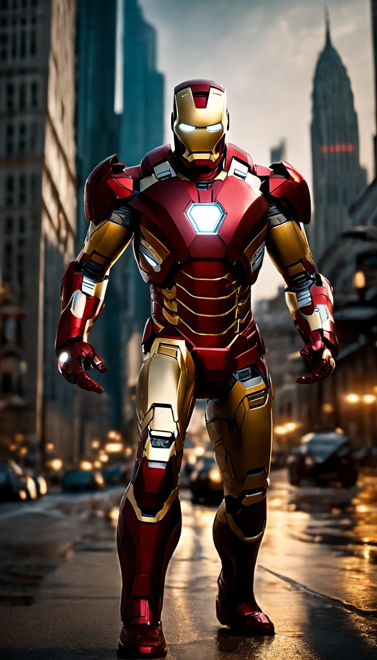(best quality,4k,8k,highres,masterpiece:1.2),ultra-detailed,(realistic,photorealistic,photo-realistic:1.37),Iron Man,full-length,extremely detailed suit and features,super surreal art,metallic texture,glowing eyes,arc reactor on chest,flying in the air,action pose,cityscape background,red and gold color scheme,high contrast lighting