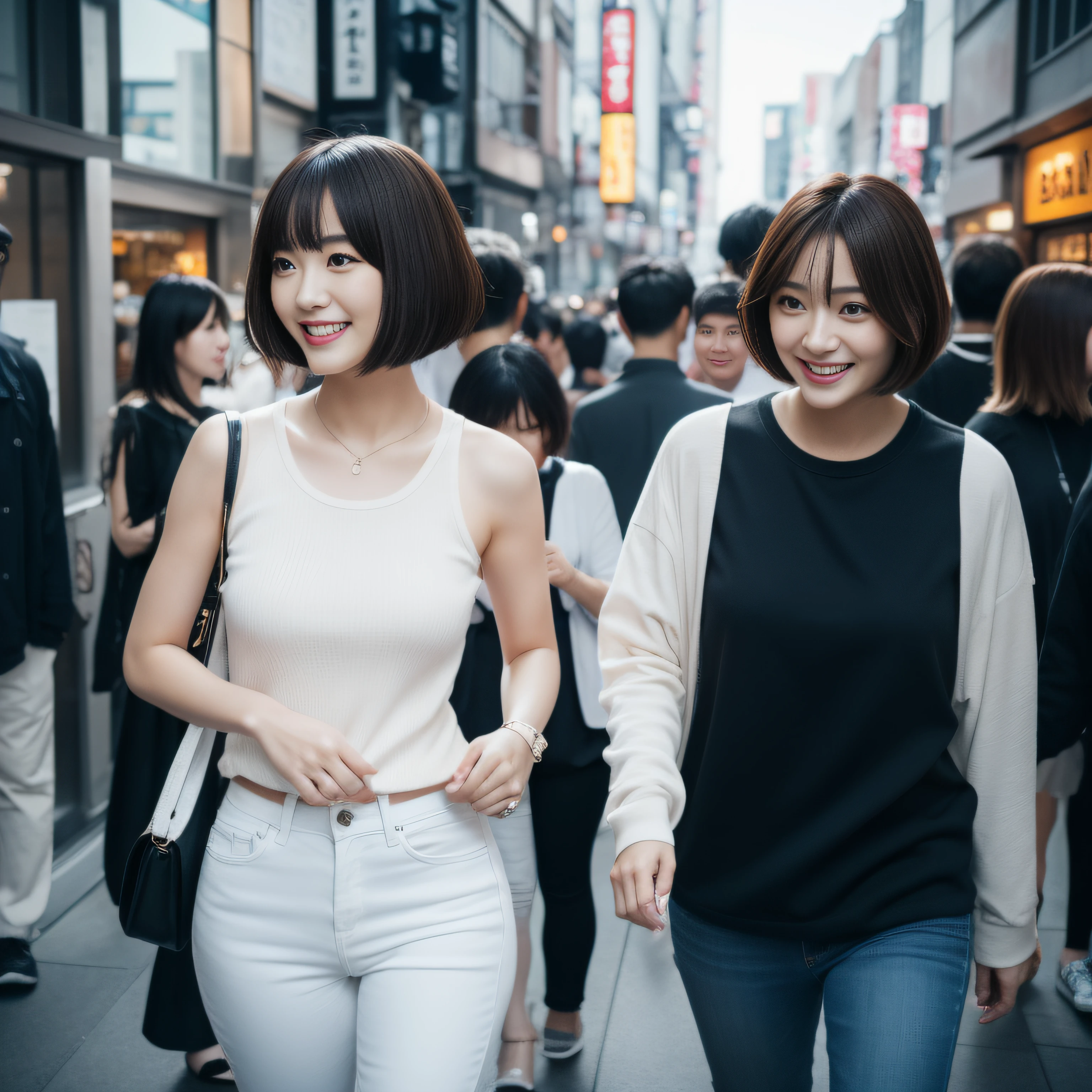 Behind the scenes of a woman walking in Shinjuku Street, Tokyo、White denim butt、Super beautiful Japan person、Ass in white jeans、20yr old、 Tank tops、8K、Full body shooting from behind、top-quality、 Former actress、 White jeans 、Good smile 、Short bob hairstyle 170cm Eye color: Black personality traits and personality traits: With a gentle and gentle personality、Friendly, sociable, curious and、I like to try new hobbies and interests: I like white jeans My hobby is music. Good at dancing、Has a sense of rhythm Other functions and elements: A caring person who can care for others and has a good sense of humor、Create a fun atmosphere Pay attention to your appearance、Everyone says it's beautiful no matter who looks at it.