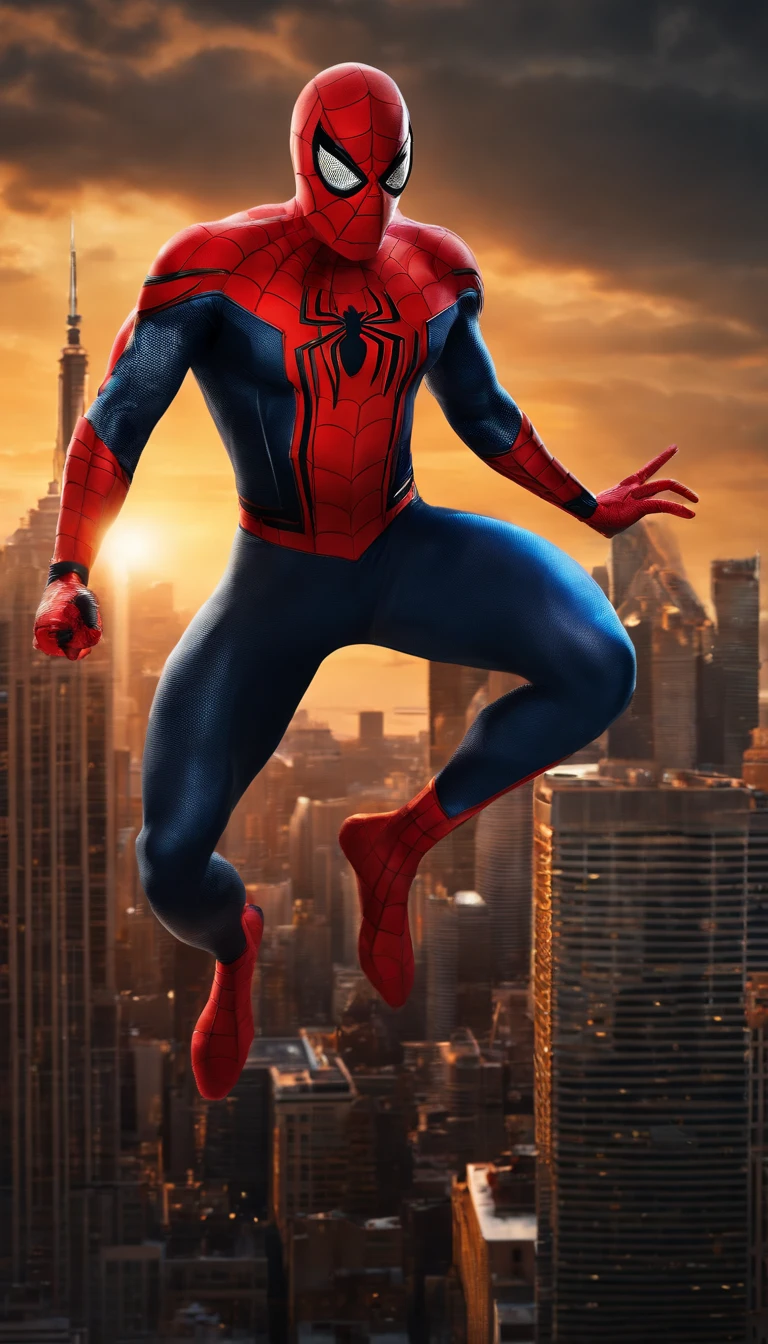 (best quality,4k,highres,ultra-detailed:1.2),superhero,Spider-Man,full-body shot,extremely detailed suit,exquisite mask,shiny reflective textures,elaborate web-patterns,sparkling eyes,superbly crafted spider-emblem,muscular physique,fluid dynamic movements,flying pose,city skyline background,vibrant colors,comic book style, dramatic lighting,gritty and atmospheric ambiance.