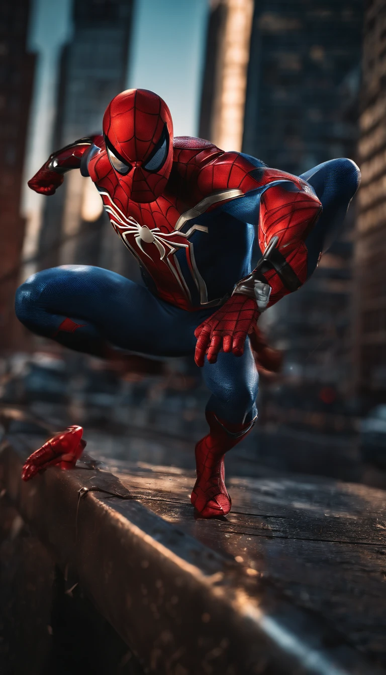 (best quality,4k,highres,ultra-detailed:1.2),superhero,Spider-Man,full-body shot,extremely detailed suit,exquisite mask,shiny reflective textures,elaborate web-patterns,sparkling eyes,superbly crafted spider-emblem,muscular physique,fluid dynamic movements,flying pose,city skyline background,vibrant colors,comic book style, dramatic lighting,gritty and atmospheric ambiance.