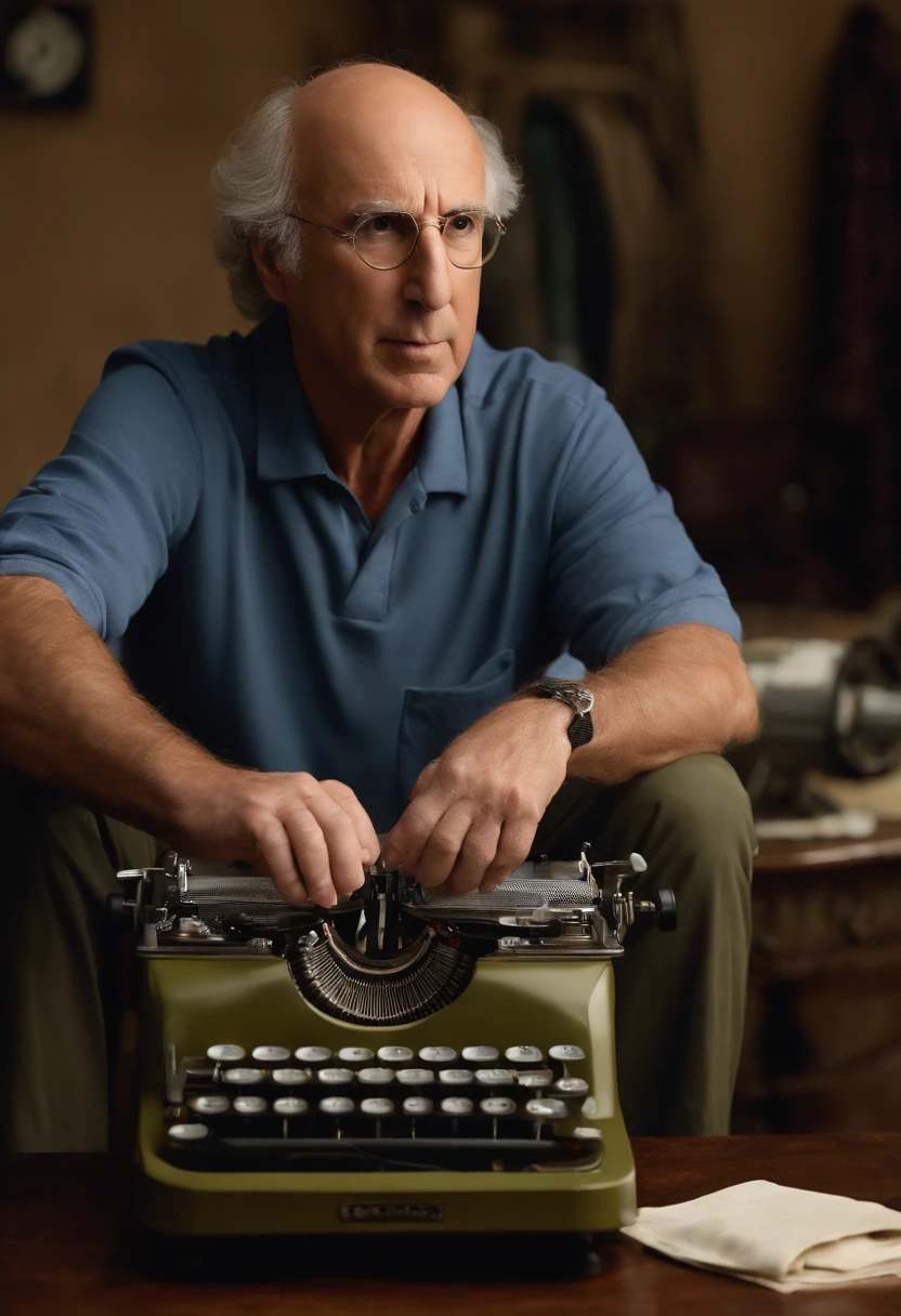 A photo of Larry standing in front of a vintage typewriter, scowling at the outdated technology.,Curb Your Enthusiasm,Larry David, the character from “Curb Your Enthusiasm,” mirrors his real-life counterpart with a casual, often disheveled appearance, typically seen in khaki pants, a loose-fitting shirt, and sneakers. He is balding, with a rim of curly hair, and he carries a bemused expression that often shifts into one of exasperation or incredulity