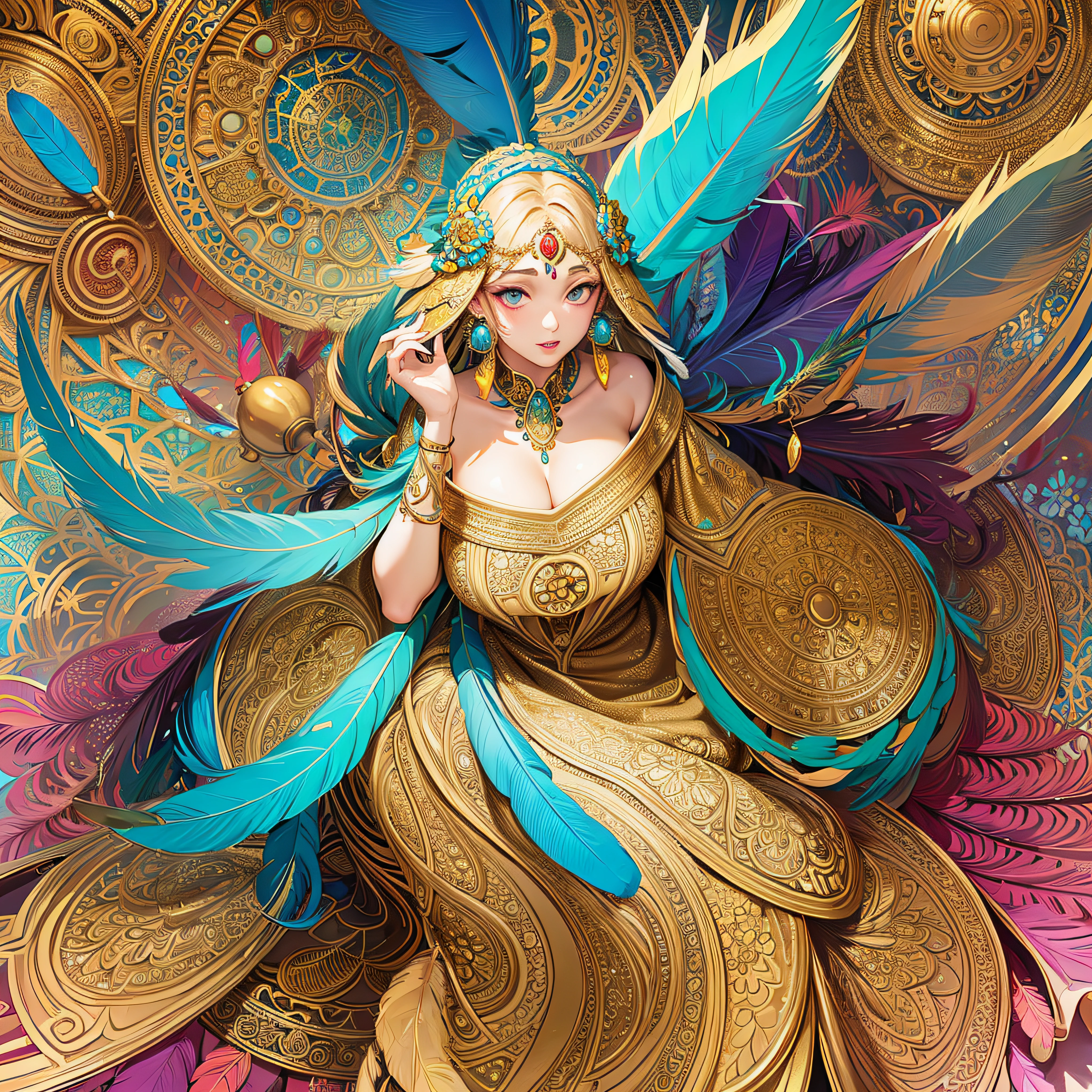 girl with，Huge breasts，off shoulders，Golden hair，Colored feathers，metal ornaments，colorful flower，Particle，Rays of Light，(masutepiece, of the highest quality, Best Quality, Official art, Beautiful and aesthetic:1.2), (1girl in:1.3), Extremely detailed,(Fractal Art:1.1),(Colorful:1.1)(Flowers:1.3),highest details,(Zentangle:1.2), (Dynamic Pose), (Abstract background:1.3), (Shiny skin), (Many colors:1.4), ,(earrings:1.4), (Feathers:1.4)