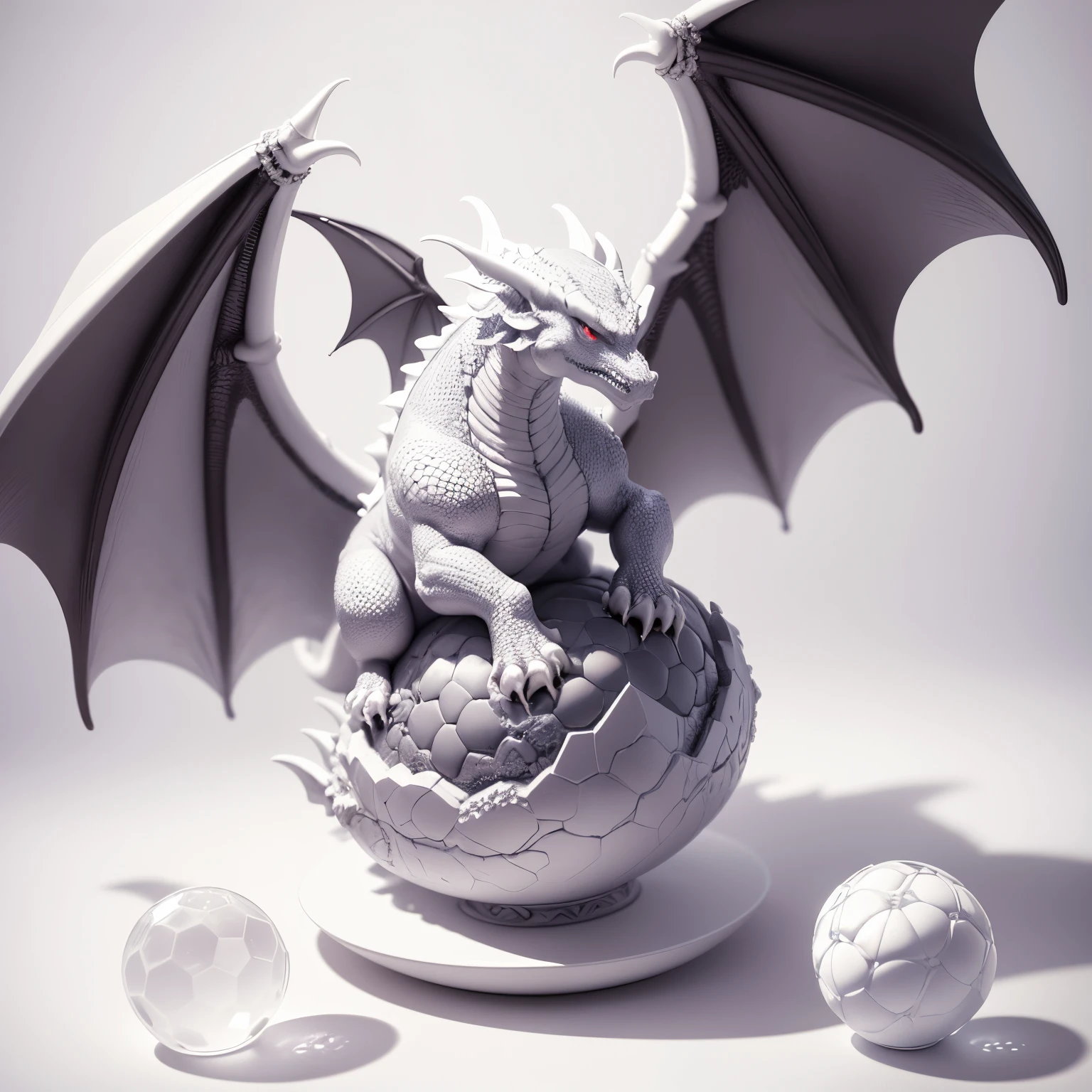 Ultra-realistic, 16K image,Realistic but deformed dragon、games、isometric、detaileds、A dragon is sitting on a crystal ball、shenron、３D、gargoyle-like figurine, (no background, white background:1.5)