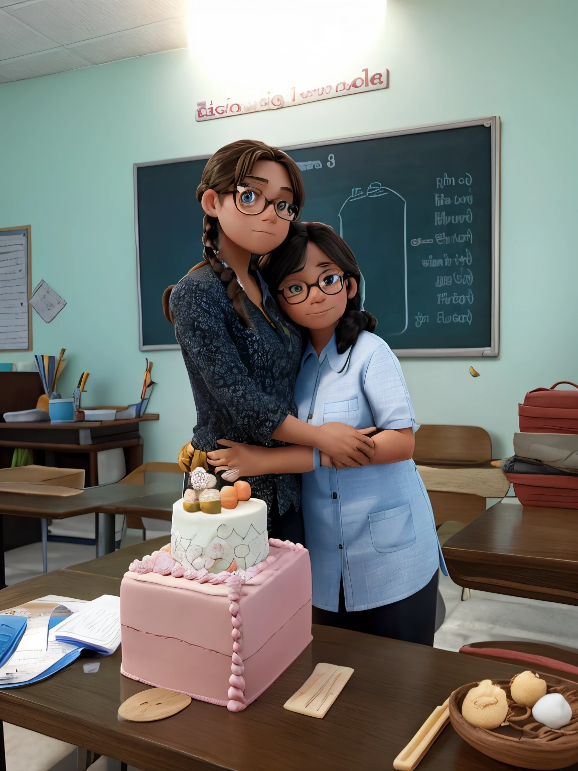 a 15 year old girl with short, straight hair, wearing a strong shirt and a 50 year old female teacher with long, braided hair, wearing glasses and wearing a black shirt. Two people are hugging each other and a cake with cotton balls on Vietnamese Teachers' Day Nam .The scene behind is a cotton garden