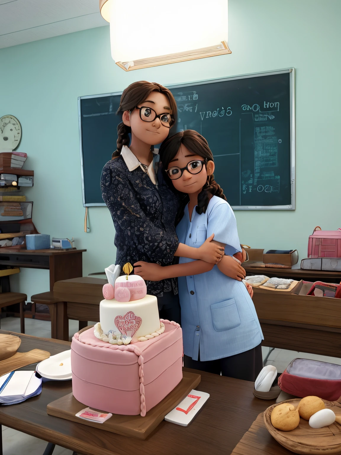 a 15 year old girl with short, straight hair, wearing a strong shirt and a 50 year old female teacher with long, braided hair, wearing glasses and wearing a black shirt. Two people are hugging each other and a cake with cotton balls on Vietnamese Teachers' Day Nam .The scene behind is a cotton garden
