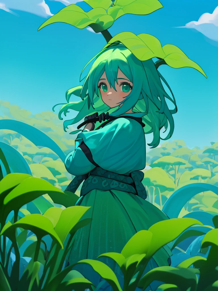 1 girl, cabelo preto com fundo azul, olhos grandes azuis detalhados, olhar curioso, Poderes roxos e verde brilhantes e desfocados, fundo verde, folhas voando desfocado, (Papel de parede extremamente detalhado da unidade CG 16k:1.1), (Strength that eliminates noise: 1.45), (tObra-prima:1.37), ((Arte Oficial)), UHD