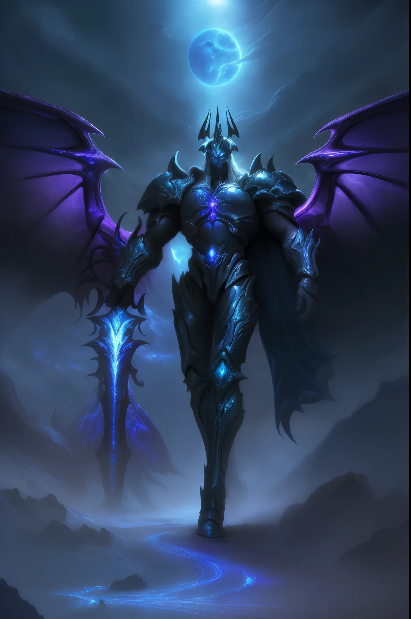 The is very detailed, high qulity, tmasterpiece, The beautiful, Yatoks, wings, glowing light eyes, 1boys, Alone, full bodyesbian ,Huge sword, blue armor , lich king, arthas,mont, Skysky,,the night