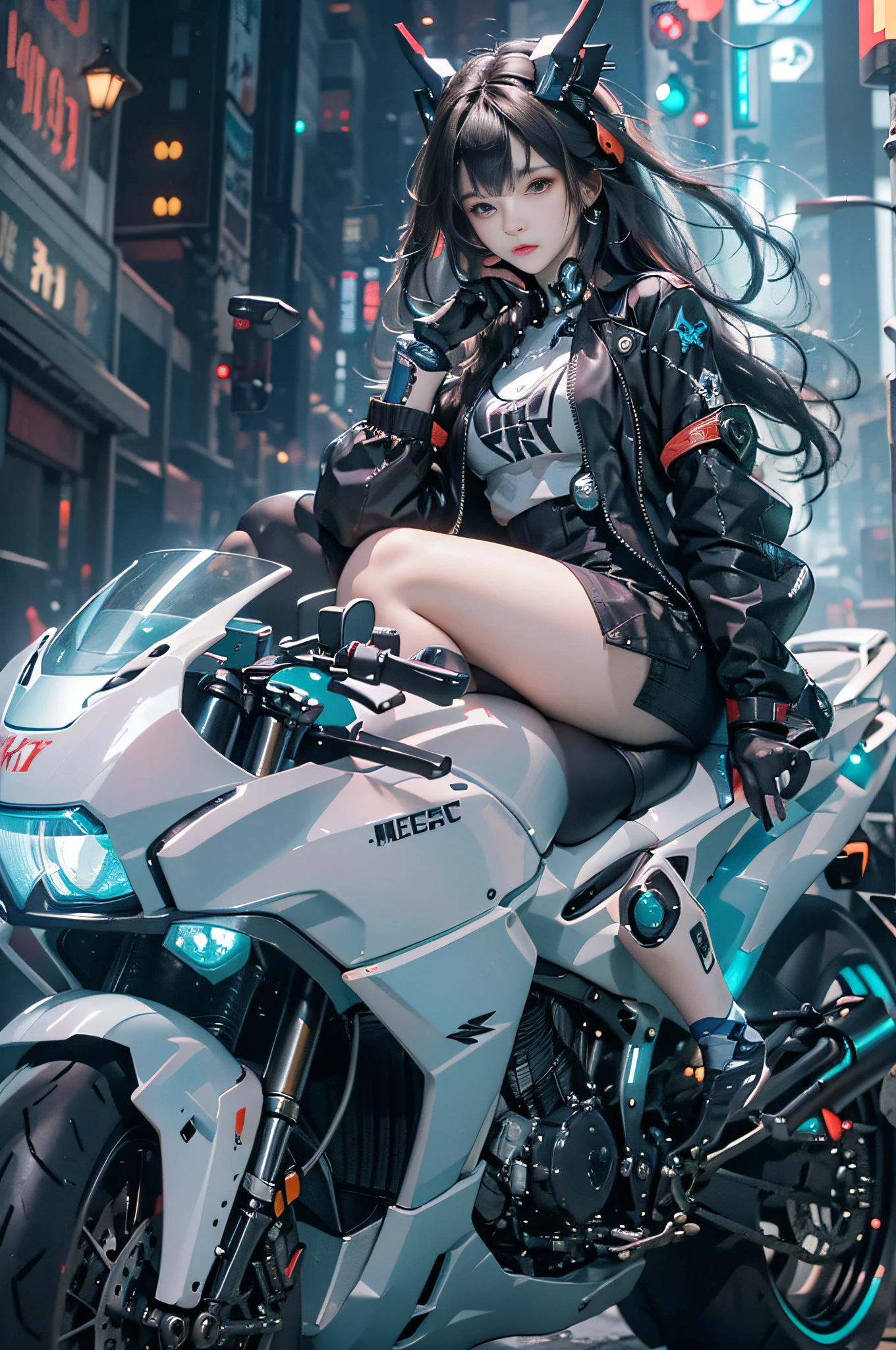 （female cyborg riding a bicycle）（（（In 8K. ＨＤＲ.hyper realism、master piece 1.2、wlop1、cinematic、Detailed content、Live photo 1.2, Highest quality 1.2、 Super detailed、very detailed、perfect shading、Low angle full body shot 1.2、1 photo、Commercial photo 1.2、50mm 、film grain、SF）））、（（（Cyborg running on a bicycle、）））(mechanical joint: 1.2),((mechanical limbechanical vertebrae attached to the back of the blood vessels connected to the tubeechanical cervical connection to the neck) ), No expression, (wires and cables attached to the neck: 1.2), (Head wires and cables: 1.2), (focus on character), （rider suit、buildings at night、buildings at night、impressive night view、cyberpunk world、ride a motorcycle、ride a motorcycle),, (focus on character、Angle from the side)、（white skin、small breasts、black hair、short bob、bob hair、bangs）