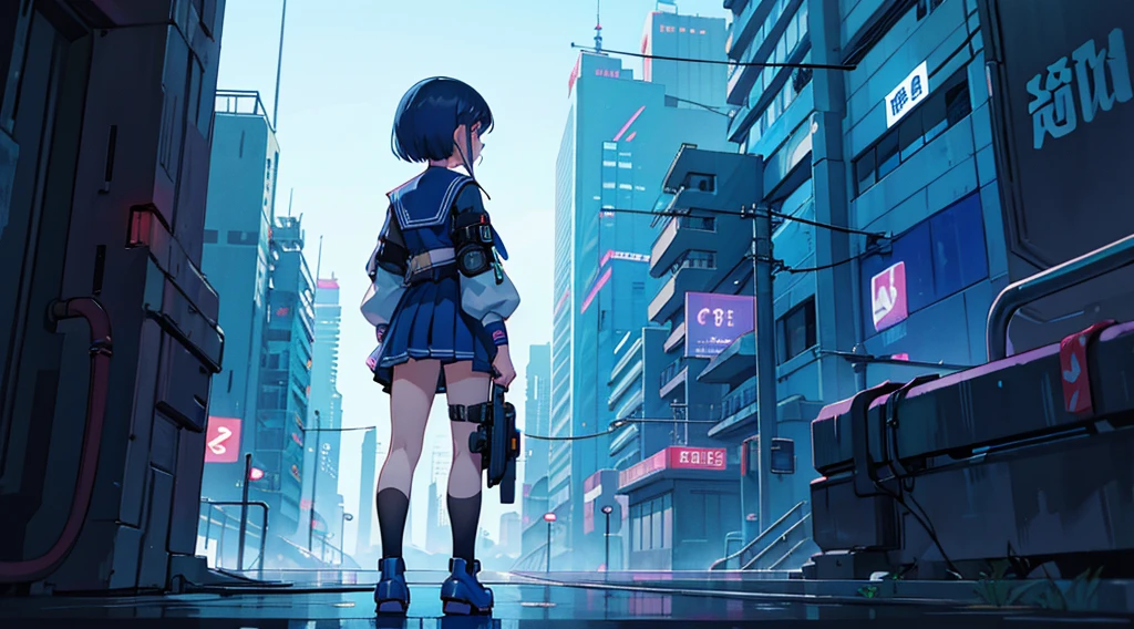 (blue cyberpunk cityscape,) (back view of girl, sailor suit)