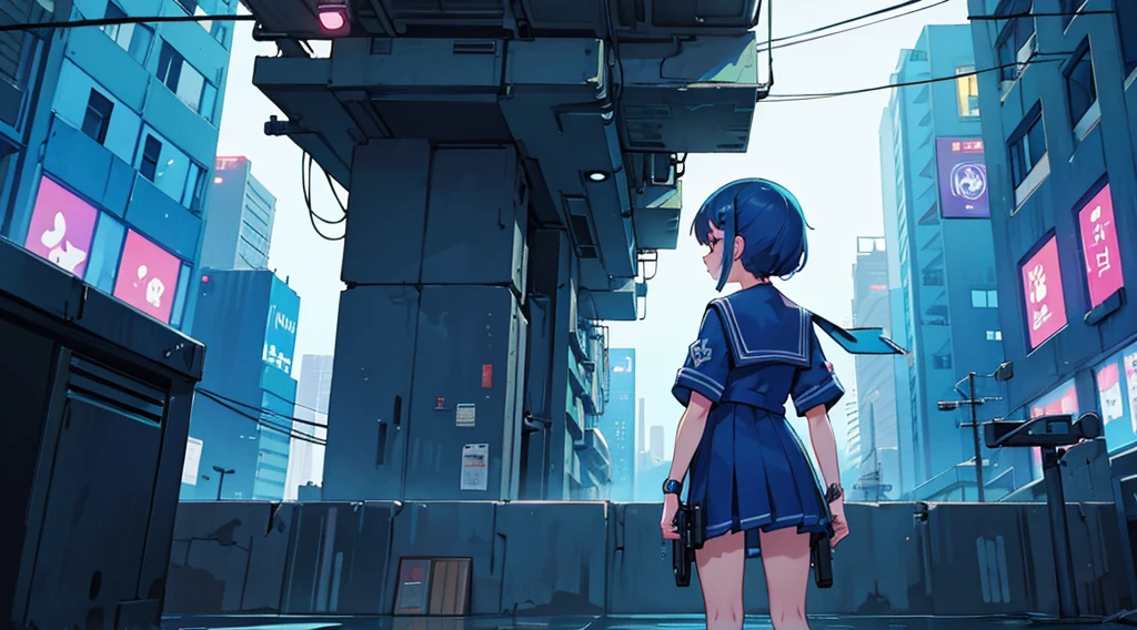 (blue cyberpunk cityscape,) (back view of girl, sailor suit)