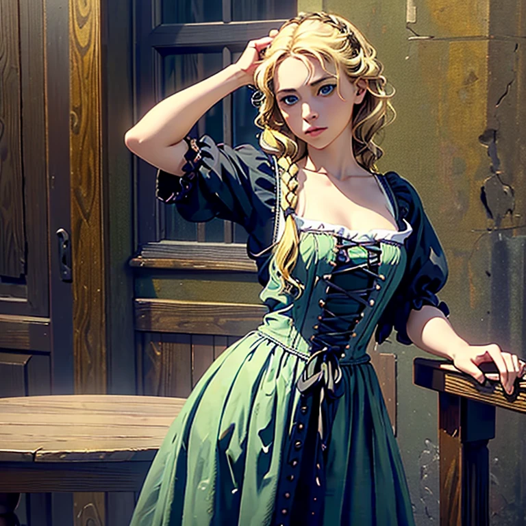 Cinematic Highly colored painting Realistic portrait, (((Masterpiece, Best quality, photograph realistic))), (Shiny skin), hyper HD, 8K wallpaper, high resolution, Perfect anatomy, Slender hands and fingers, Cinematic lighting, Award-winning, Extremely detailed skin, extra detailed face, Eyes with beautiful details, Carl Zeiss 85 mm F/1.4, Break, (((1 blonde wavy hair girl, hair braid,, tavern wench from 1700s))), ((18-year-old girl, sensual, pretty, blonde1.2 wavy medium hair, blue eyes, greek nose, medium breasts)). (((colonial puritan wench))), Buttock augmentation, A shy and naught expression, blush cheeks, dress-up in a lime green 1700s wench dress